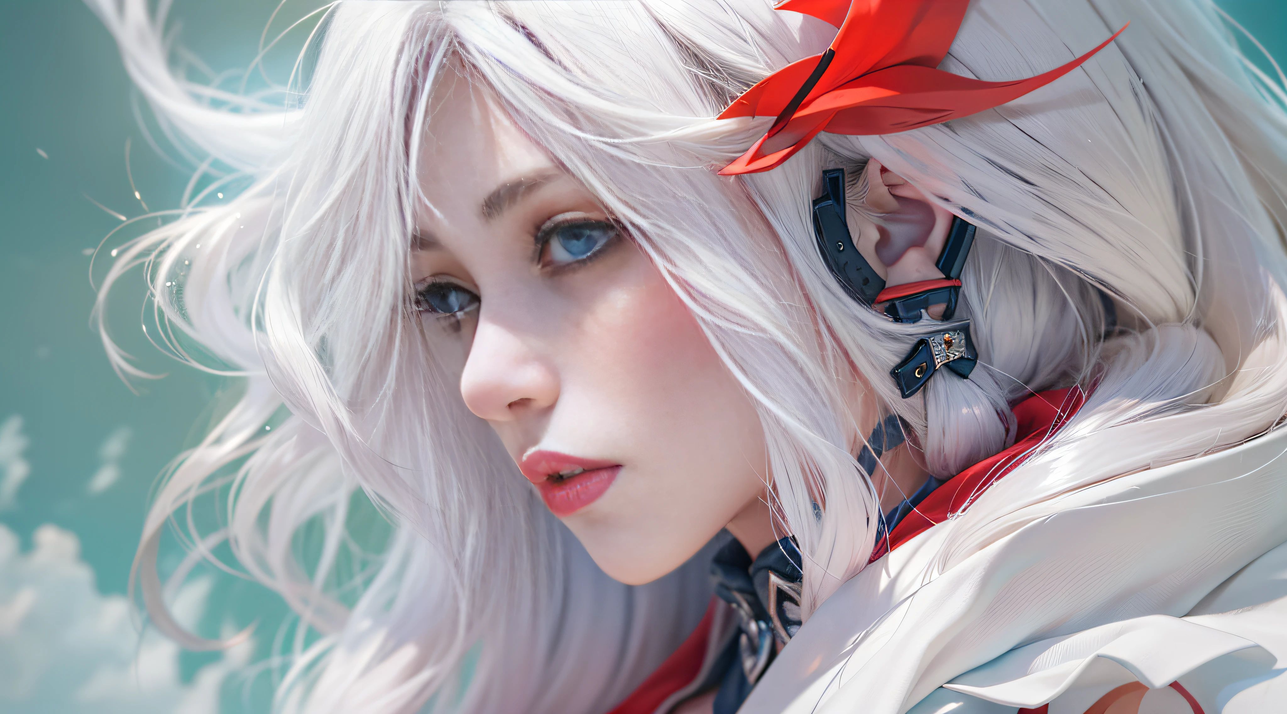 in a panoramic view,1girll,1 white horse,Busty woman,bautiful young woman,White concept dress with white high slit dress,cloaks,hooding,on a white horse,(Templar style),Red Cross tattoo,White princess hair,Sculptural body,Perfect blue and beautiful eyes,Glowing painting,Super sharp,realisticlying,32K,IG model | Art germ, Extremely detailed Artgerm, Art germ. anime illustration, Art germ. High detail, Art germ on ArtStation Pixiv, Fanart Meilleure ArtStation, Detailed digital anime art, Smooth anime CG art, Deviantart ArtStation CGSCOSIETY, 8K high quality detailed art