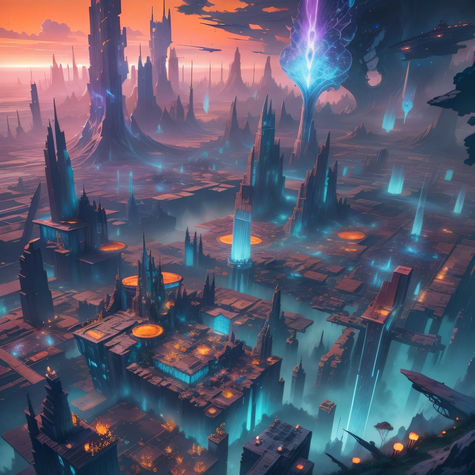 This is a stunning science fiction painting，Full of mystery and unknown。

At the center of the picture is an ultra-futuristic city，Its buildings are towering，As if to touch the sky。The design of these buildings is by no means human，They have a unique morphology，line sleek，The materials used are also full of technology。Each building is lit with light blue lights，It's like a river of stars descending into the world。Between these buildings，Unmanned ultra-modern aerial vehicles move quickly through the air，It presents a busy and orderly scene。

The city is surrounded by a mysterious forest，The plants here are tall and ancient，Their leaves emit a strange purple glow，A stark contrast to the blue lights of the city，Filled with the breath of another world。At the edge of the forest，There is a clear blue lake，The lake is quiet，A reflection of the city and the sky，Beautiful and mysterious。

The sky in the upper left corner occupies a large part of the picture，There is a huge alien star，Its surface is covered with complex terrain and structures，It gives people endless imagination。Several huge spaceships are heading for the planet，Their design is full of technology，The streamlined body shimmers coldly under the starlight。

The color of the sky is a bizarre intertwined of deep orange and blue-violet，Reminiscent of the mystery and vastness of outer space。In this sky，There are some peculiar clouds，Their shape is completely different from the clouds on Earth，It seems to tell the secrets of this world。

The whole picture is filled with fantasy of the future and awe of technology，It's impossible to resist its appeal。This is a sci-fi work of art，It paints a fascinating and unknown picture of the future world to us。