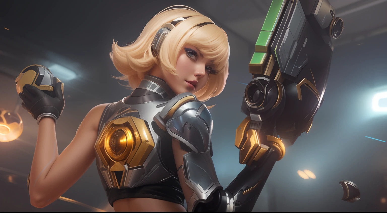 a close up of a woman holding a gun in a room, kda, orianna, riven, mechanized valkyrie girl, perfect android girl, qiyana, armor girl, android heroine, girl in mecha cyber armor, ashe, mobile legends, galaxy space hunter, iconic character splash art, sci-fi skin, extremely detailed artgerm