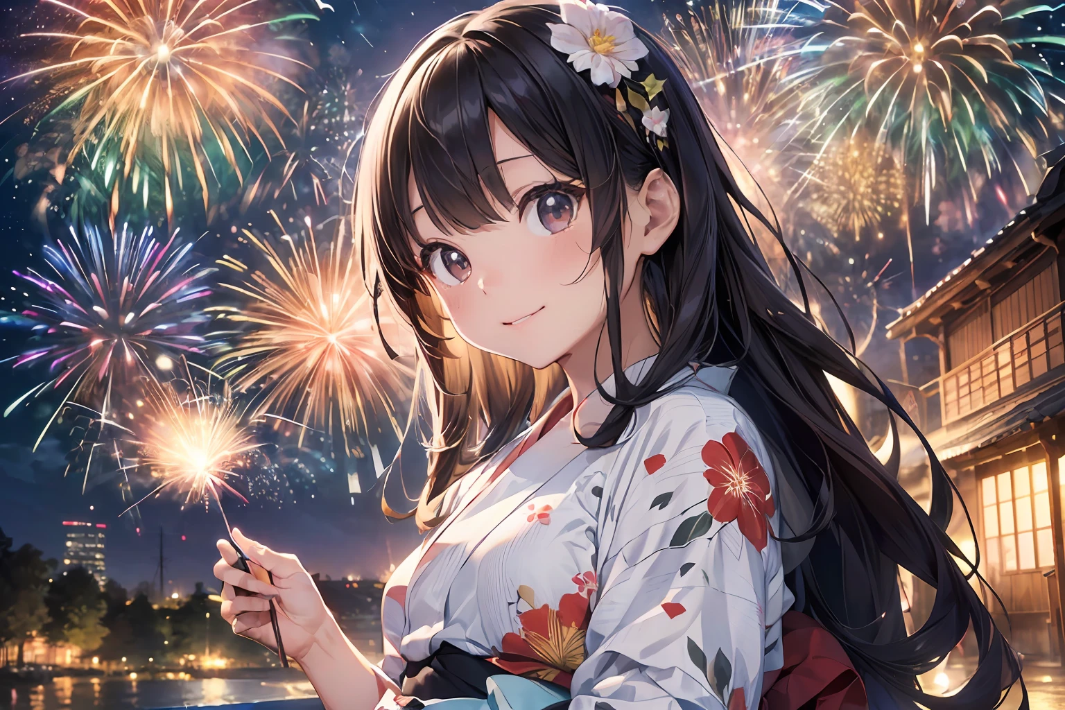 Beautiful Japan girl yukata、(Fireworks in the vast night sky),(top-quality、8K、32K、masterpiece、nffsw:1.3)、(Photorealsitic:1.4)、Raw photography、a smile:1.4、Wide Angle、hair adornments,Elegant Pose、skyrocket、Fireworks glare、depth of fields、lensflare、accurate hands
