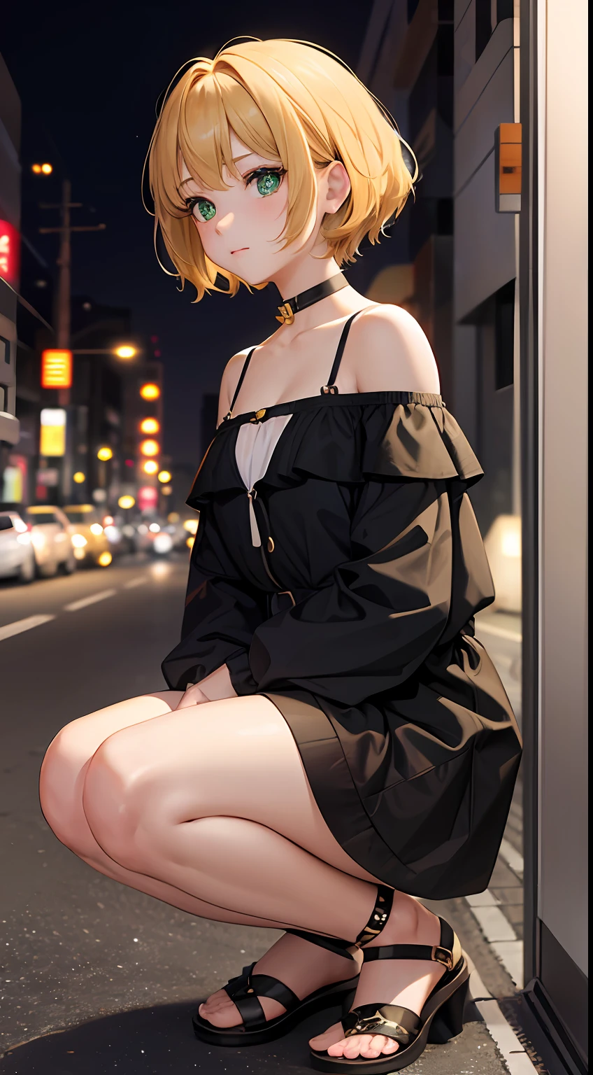 Golden hair,short detailed hair,bit girl,10years old,年轻,short,Close-up,cleavage,Off-the-shoulder attire,sportrait,Green eyes,Tokyo at night,street corner,Black clothes