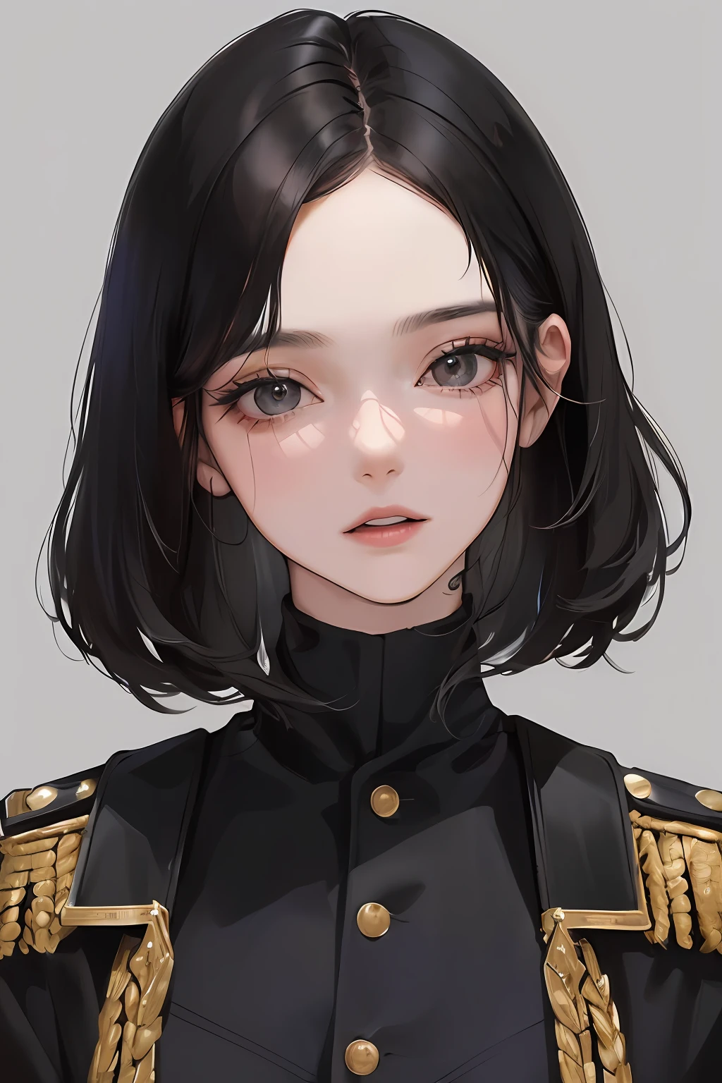 (Highest resolution, distinct_image) The best quality, A woman, Masterpiece, Highly detailed, Half realistic, with short black hair, Black hair, bangs, 21 years old, shoulder-lengthhair, mature, Young, Black clothing, black uniforms, army suit, Military academy, Beautiful, Heroic, Heroic, indoor background, Delicate and delicate facial features