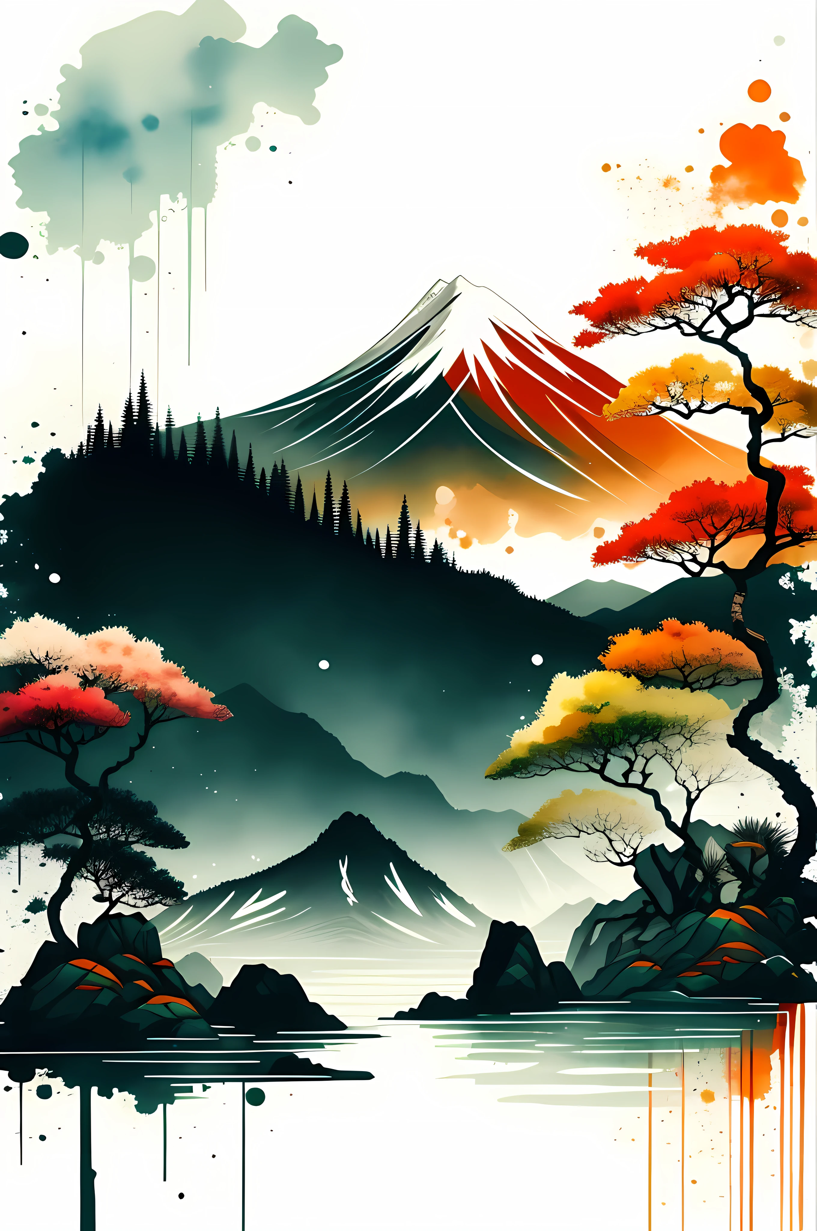 white background, landscape, paint, mountains, water, trees, orange and green watercolor style