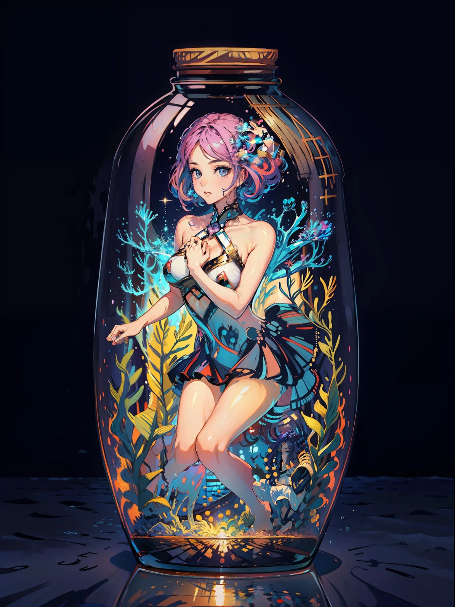 perfect eyes:1.2, detailed eyes:1.4, smile, air bubble, (masterpiece:1.6, best quality), phgls, /bottle, in container, (finely detailed beautiful eyes: 1.2), sit cross-legged and lean against the bookshel, 1girl, solo, big breasts, purple hair, pink hair, two-tone hair, underwater, floating hair, (((masterpiece))),(((best quality))),(((extremely detailed))), illustration, mysterious, vivid color, shiny, full body, barefoot