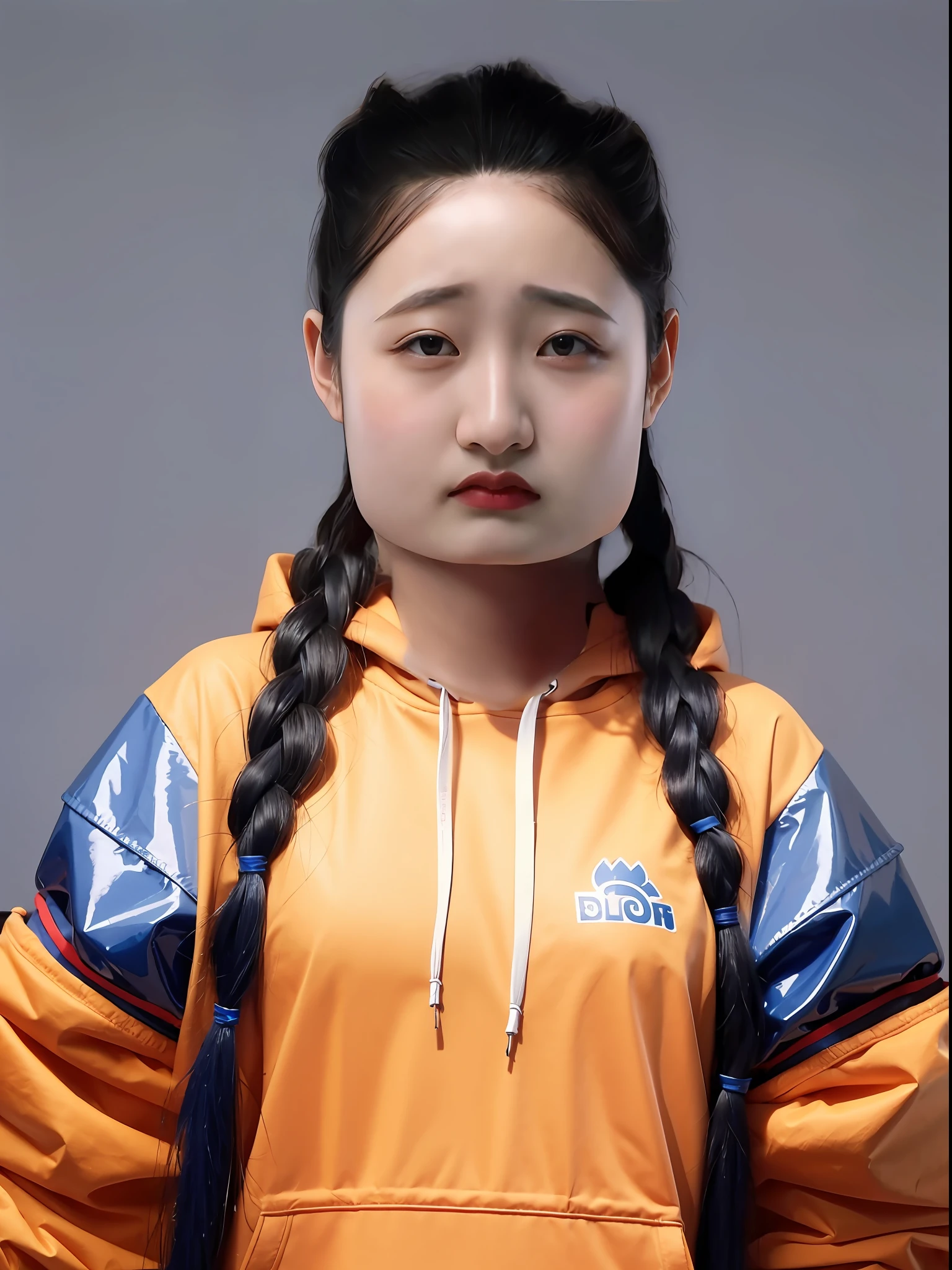 A Chinese high school girl,Wearing a blue PVC sweatshirt,long braid