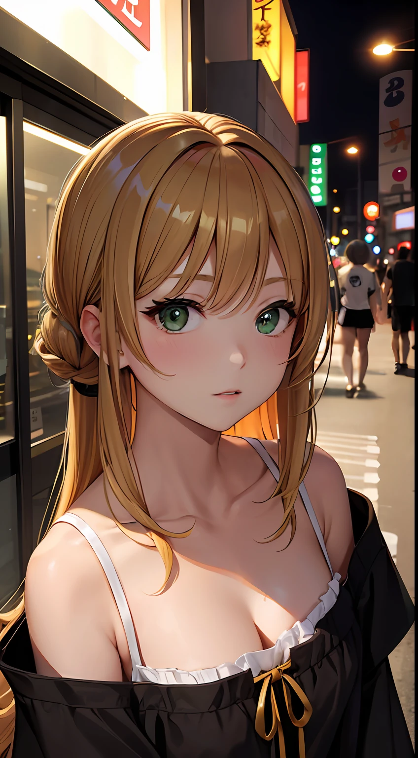 Golden hair,bit girl,10years old,年轻,short,Close-up,cleavage,Off-the-shoulder attire,nabel,Bust photo,Green eyes,Tokyo at night,street corner,Black clothes
