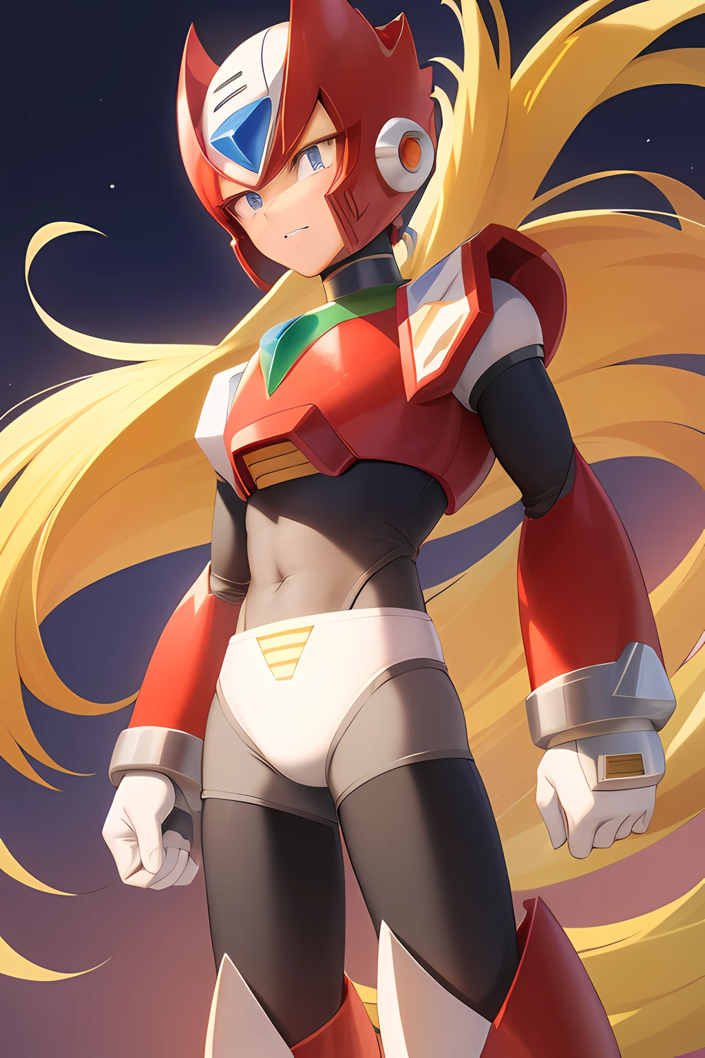 zero_Megamanx, 1st grade, sozinho, olhos azuis, blonde hair, rabo-de-cavalo, cabelos muito longos, cabelos longos, capacete, android, Foco masculino, furioso, master part, alta qualidade,