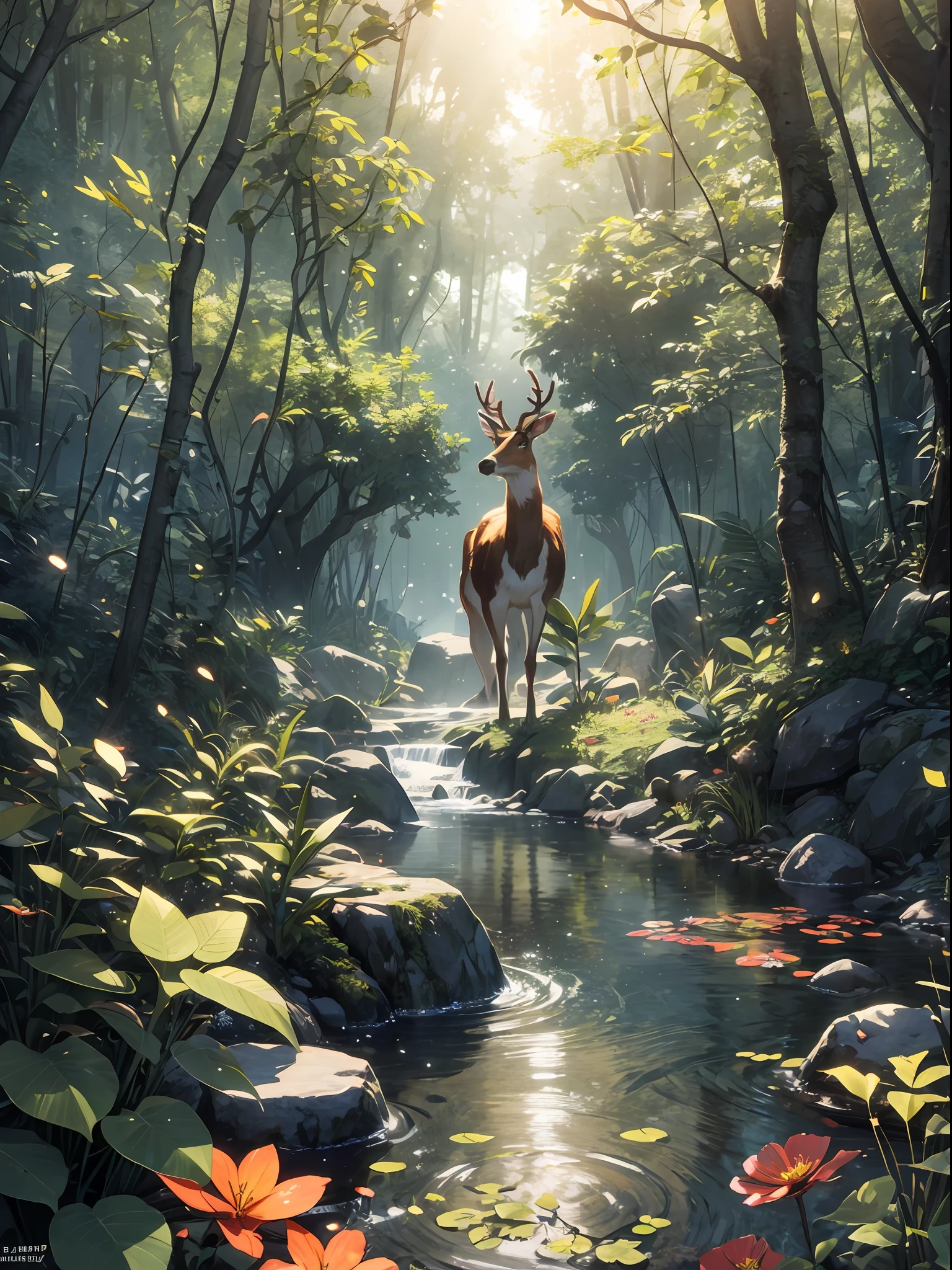 Masterpiece, best quality, (very detailed CG unified 8k wallpaper), (best quality), (best illustration), (best shadow), glowing elf with a glowing deer, drinking water in the pool, natural elements in forest theme. Mysterious forest, beautiful forest, nature, surrounded by flowers, delicate leaves and branches surrounded by fireflies (natural elements), (jungle theme), (leaves), (branches), (fireflies), (particle effects) and other 3D, Octane rendering, ray tracing, super detailed , deer --v6
