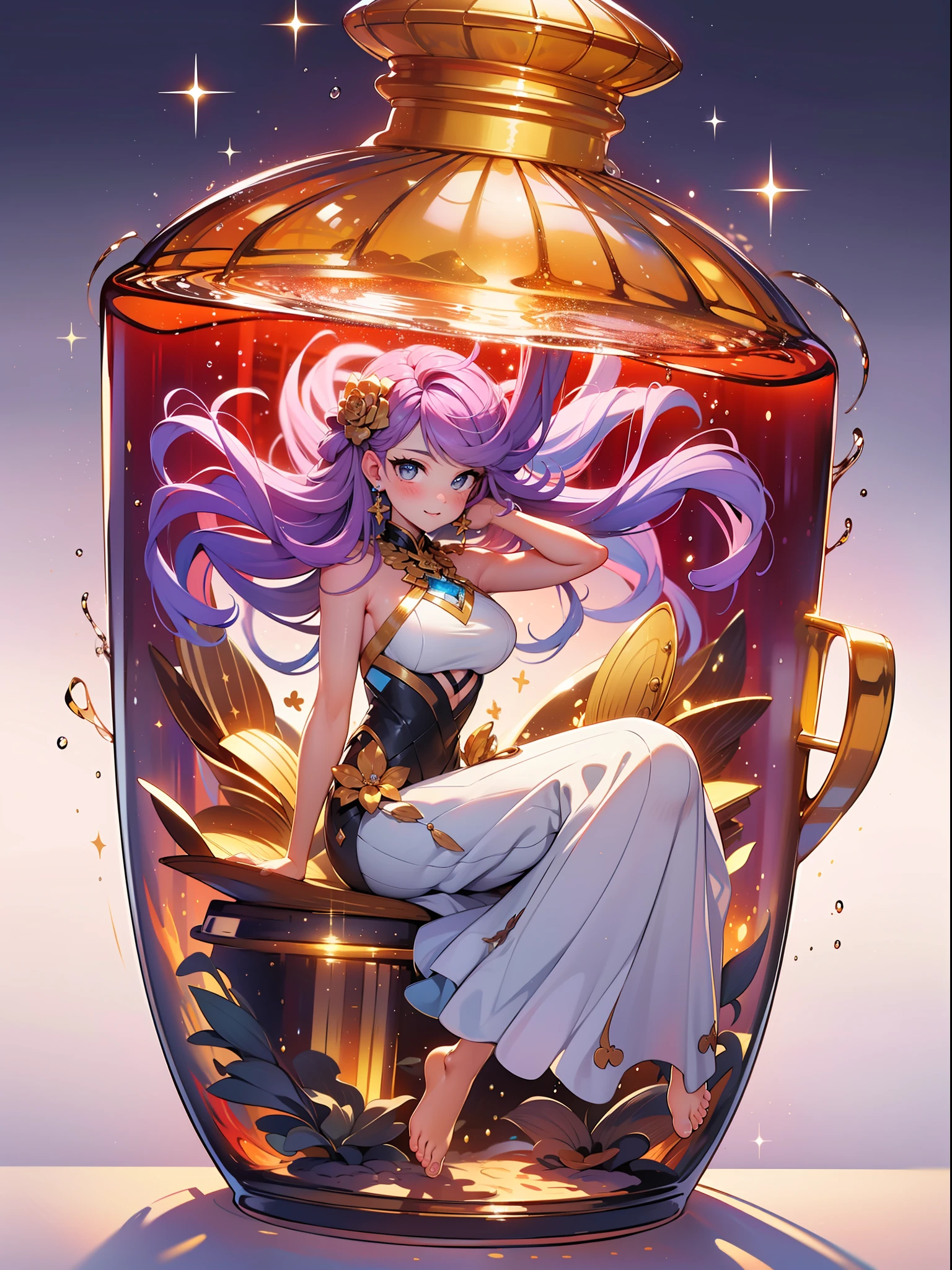 perfect eyes:1.2, detailed eyes:1.4, smile, air bubble, (masterpiece:1.6, best quality), phgls, /bottle, in container, (finely detailed beautiful eyes: 1.2), sit cross-legged and lean against the bookshel, 1girl, solo, big breasts, purple hair, pink hair, two-tone hair, underwater, floating hair, (((masterpiece))),(((best quality))),(((extremely detailed))), illustration, mysterious, vivid color, shiny, full body, barefoot