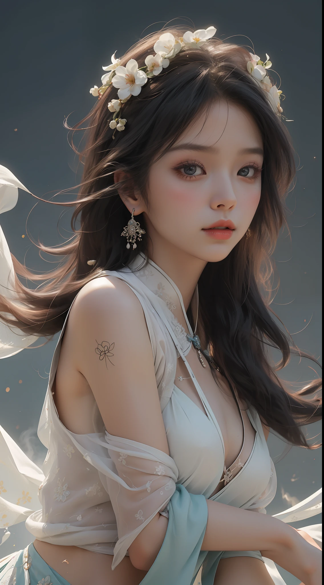 zhongfenghua, 1girl, solo, hanfu, ancient_chinese_architecture, flower field, blossom, (white smoke:1.3) (photorealistic:1.4), zentangle, mandala, entangle, official art, unity 8k wallpaper, ultra detailed, beautiful and aesthetic, masterpiece,best quality, (dynamic angle:1.4), glowing skin, (floating colorful sparkles:1) the most beautiful form of chaos, elegant, a brutalist designed, vivid colours, romanticism depth of field exotic_dance