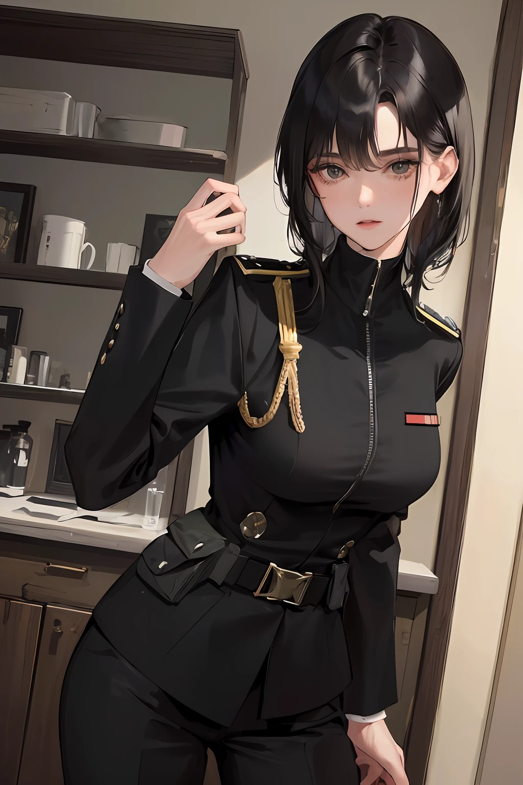 (Highest resolution, distinct_image) The best quality, A woman, Masterpiece, Highly detailed, Half realistic, with short black hair, Black hair, bangs, 21 years old, shoulder-lengthhair, mature, Young, Black clothing, black uniforms, army suit, Military academy, Beautiful, Heroic, Heroic, indoor background, Delicate and delicate facial features