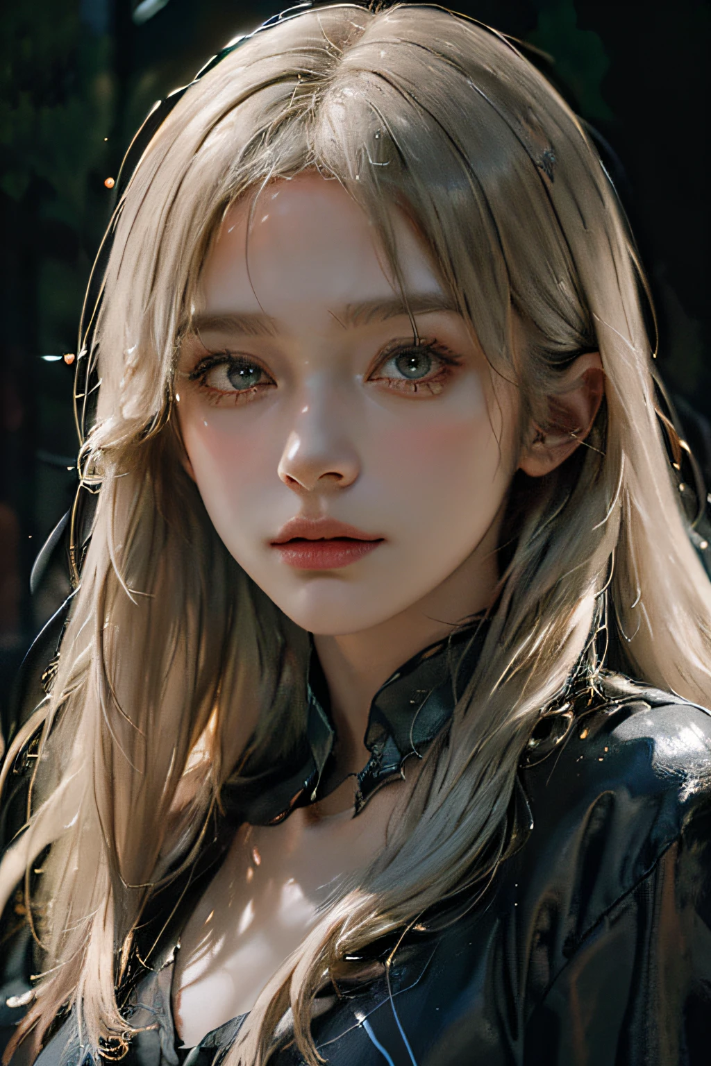 (front focus), (in the dark:1.6), Hyperrealist portrait of female by david hockney and alphonse mucha, fantasy art, photo realistic, dynamic lighting, artstation, poster, volumetric lighting, very detailed faces, 4 k, award winning, 1girl, in the dark, deep shadow, low key, cowboy shot, (official clothing:1.4), long hair, white hair