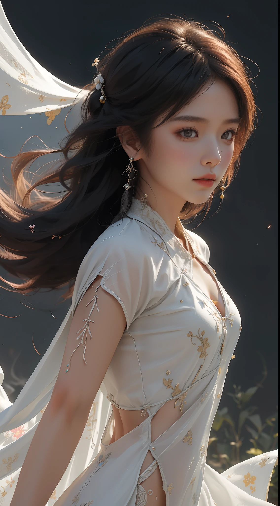 zhongfenghua, 1girl, solo, hanfu, ancient_chinese_architecture, flower field, blossom, (white smoke:1.3) (photorealistic:1.4), zentangle, mandala, entangle, official art, unity 8k wallpaper, ultra detailed, beautiful and aesthetic, masterpiece,best quality, (dynamic angle:1.4), glowing skin, (floating colorful sparkles:1) the most beautiful form of chaos, elegant, a brutalist designed, vivid colours, romanticism depth of field exotic_dance