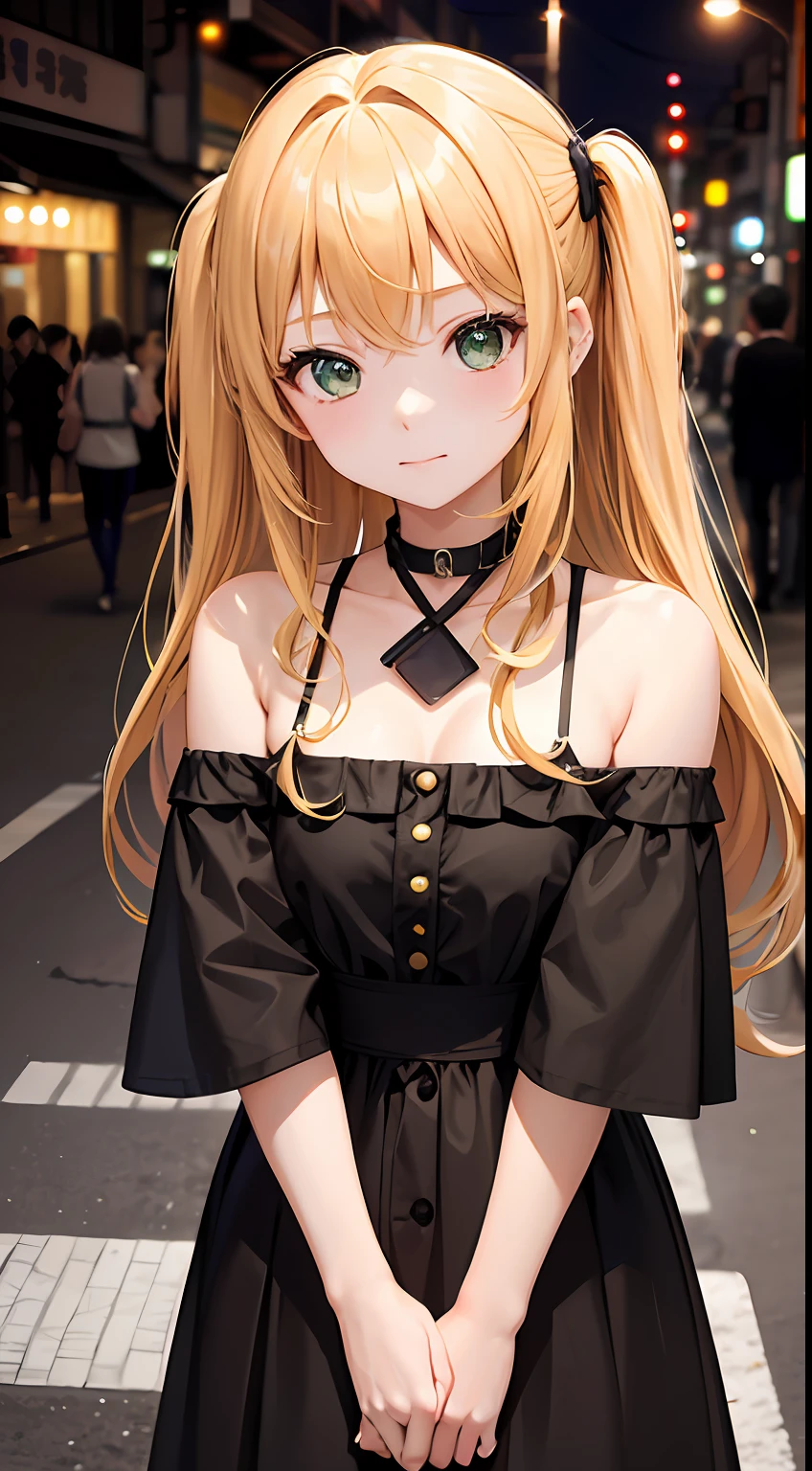 Golden hair，bit girl，10years old，年轻，short，Close-up，cleavage，Off-the-shoulder attire，nabel，Bust photo，Green eyes，Tokyo at night，street corner，Black clothes