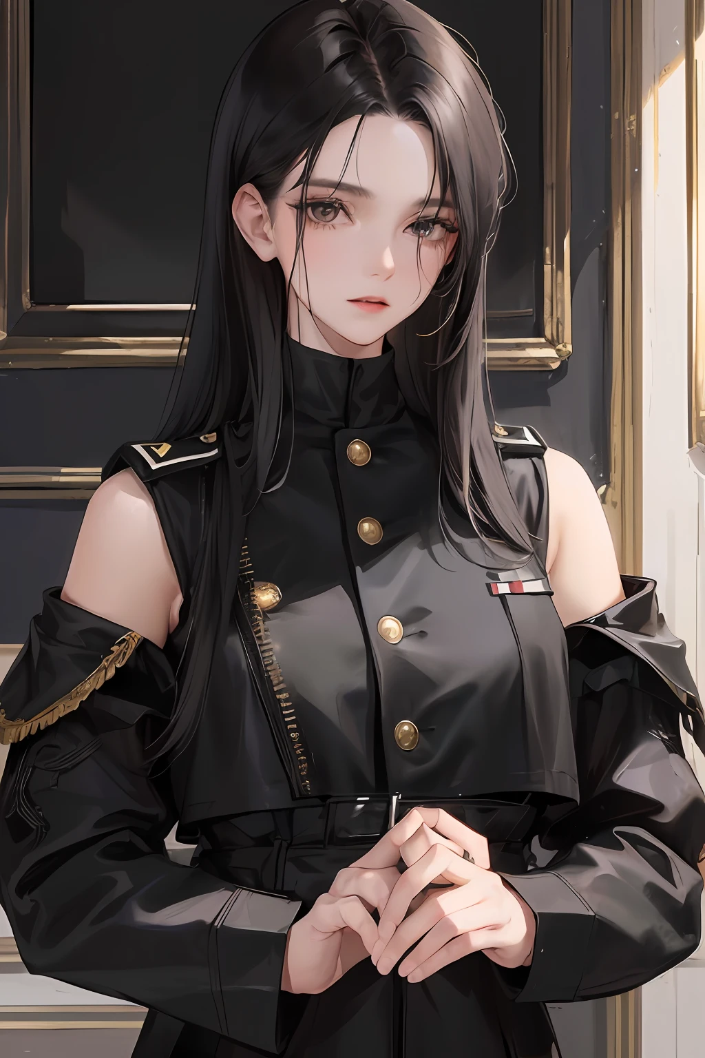 (Highest resolution, distinct_image) The best quality, A woman, Masterpiece, Highly detailed, Half realistic, with short black hair, Black hair, bangs, 21 years old, shoulder-lengthhair, mature, Young, Black clothing, black uniforms, army suit, Military academy, Beautiful, Heroic, Heroic, indoor background, Delicate and delicate facial features