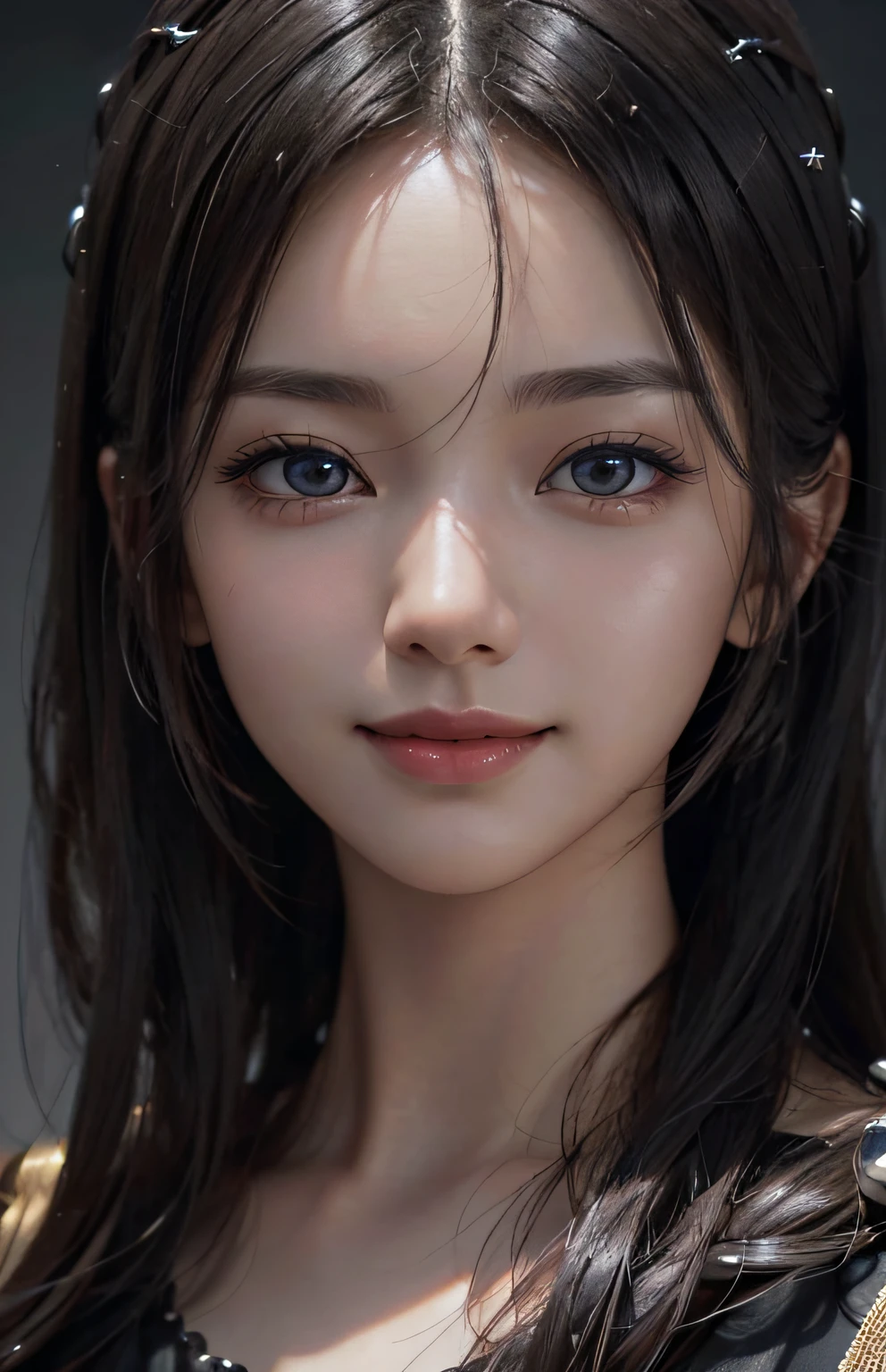 Masterpiece, 1 Beautiful Girl, Detailed, Swollen Eyes, Best Quality, Ultra High Resolution, (Reality: 1.4), Original Photo, 1Girl, Cinematic Lighting, Smiling, Japanese, Asian Beauty, Korean, Neat, Very Beautiful, Slightly Young Face, Beautiful Skin, Slender, Cyberpunk Background, (ultra realistic), (illustration), (high resolution), (8K), (very detailed), (best illustration), (beautifully detailed eyes), (super detailed), (wallpaper), (detailed face), viewer looking, fine details, detailed face, deep shadow, low key, pureerosfaceace_v1, smile, 46 point slanted bangs, facing straight ahead, neat clothes, black colored eyes,