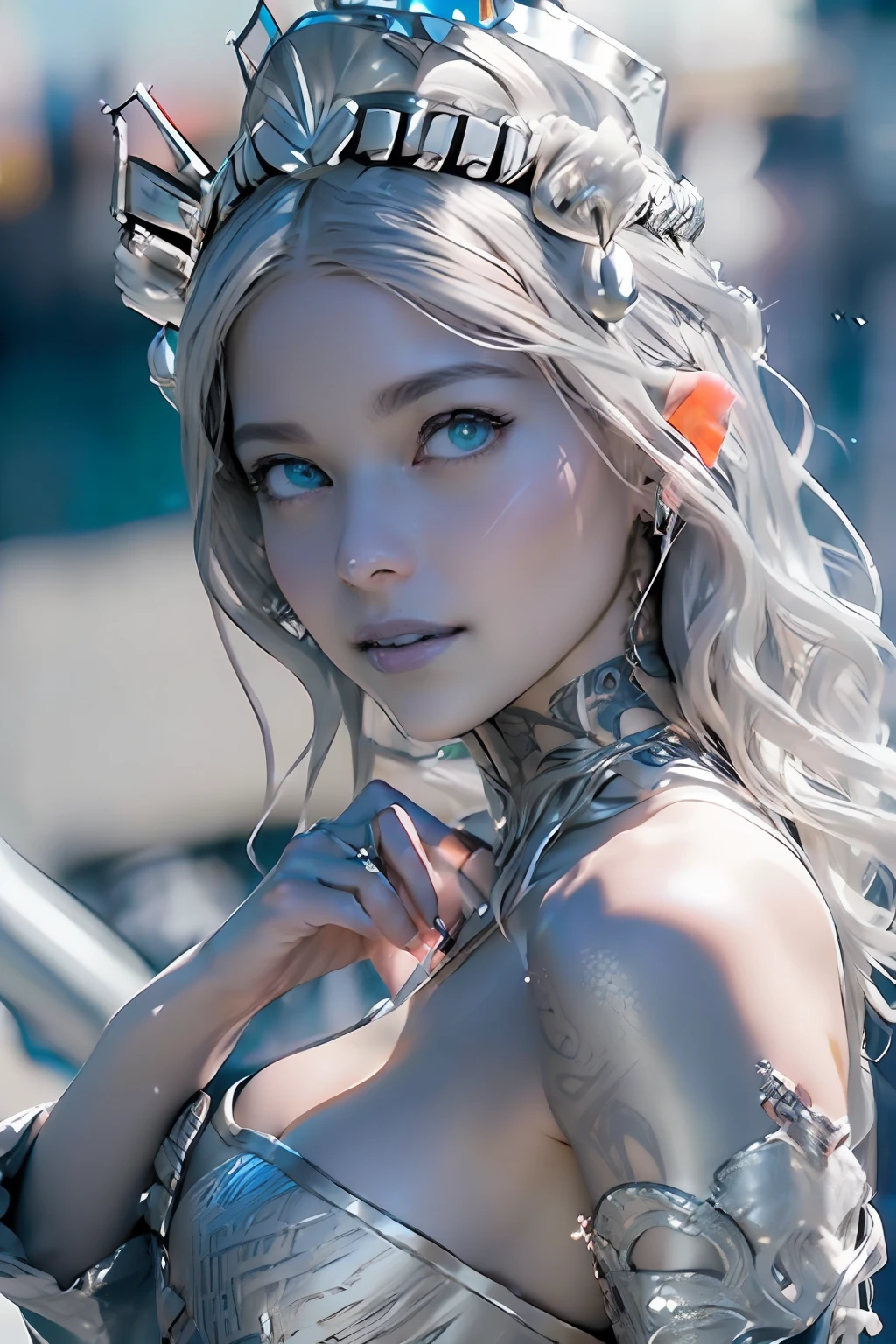 Ultra-detailed complex 3D rendering of the face, (masterpiece, top quality, octane rendering,), glamour shots full body image, very beautiful young elves, cleavage, (highly detailed skin: 1.2), (exposure: 1.1), ((blue micro bikini: 1.95)))). , 8k, (((very soft breasts)), (((conspicuous large pink areola)), beautiful Caucasian woman with white skin with full soft breasts with big buttocks, one, long braided hair, big breasts, dynamic angles, (((huge breasts: 2.4)), ultra-realistic photos, ((((((silver hair)))), futuristic urban background, facial muscles, (((((detailed and glamorous silver crown)))), In the style of Marvel Comics, ArtStation Trends, Clear Focus, Intricate Details, Very Detailed, Detailed Green Eyes, Sharp Focus, Digital Rendering, Professional, Abs, Lip Gloss, Glossy Skin, Sexy Pose, Golden Tattoo All Over Body, Silver Pattern All Over Body, Silver Lame Skin, Gold Glitter Skin, Mansuji, Buttocks, Jeweled All Over the Body, with silver scales, silver hair,