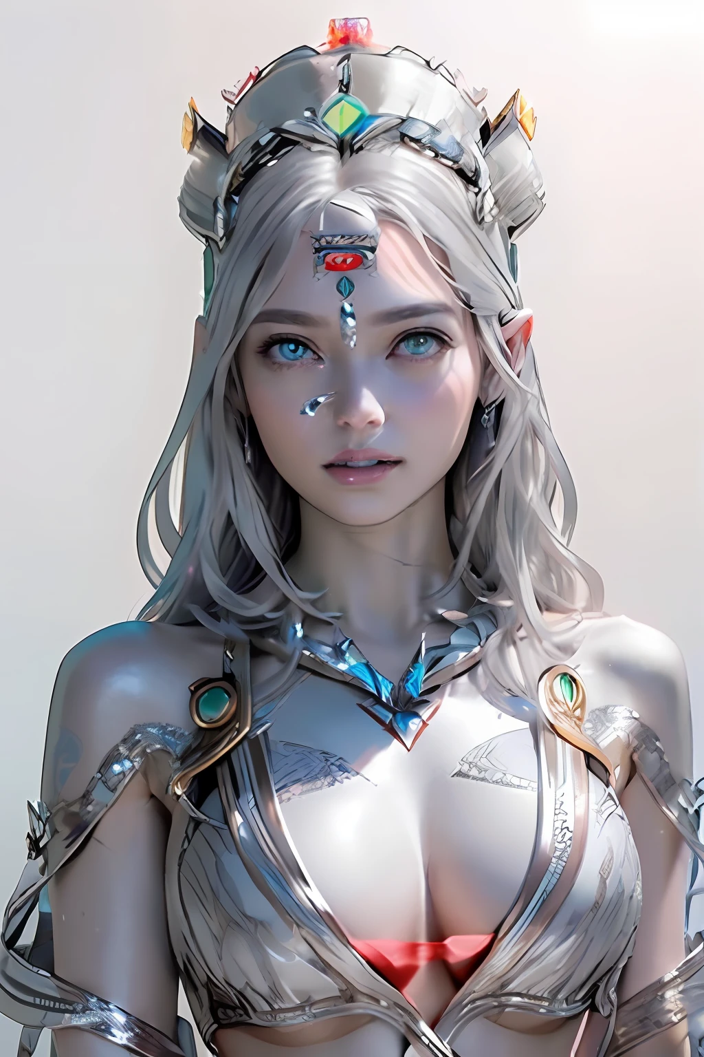 Ultra-detailed complex 3D rendering of the face, (masterpiece, top quality, octane rendering,), glamour shots full body image, very beautiful young elves, cleavage, (highly detailed skin: 1.2), (exposure: 1.1), ((blue micro bikini: 1.95)))). , 8k, (((very soft breasts)), (((conspicuous large pink areola)), beautiful Caucasian woman with white skin with full soft breasts with big buttocks, one, long braided hair, big breasts, dynamic angles, (((huge breasts: 2.4)), ultra-realistic photos, ((((((silver hair)))), futuristic urban background, facial muscles, (((((detailed and glamorous silver crown)))), In the style of Marvel Comics, ArtStation Trends, Clear Focus, Intricate Details, Very Detailed, Detailed Green Eyes, Sharp Focus, Digital Rendering, Professional, Abs, Lip Gloss, Glossy Skin, Sexy Pose, Golden Tattoo All Over Body, Silver Pattern All Over Body, Silver Lame Skin, Gold Glitter Skin, Mansuji, Buttocks, Jeweled All Over the Body, with silver scales, silver hair,