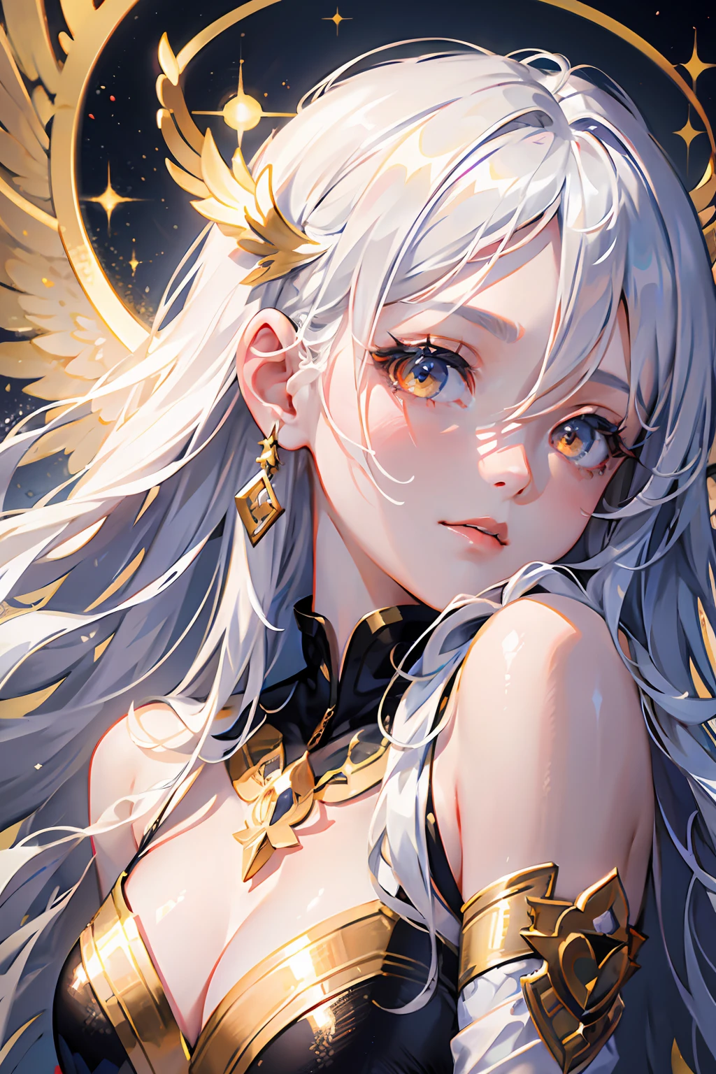 ****, illustration,heaven background, 1girl, white hair, golden eyes, long hair, halo, angel wings, serene expression, looking at viewer