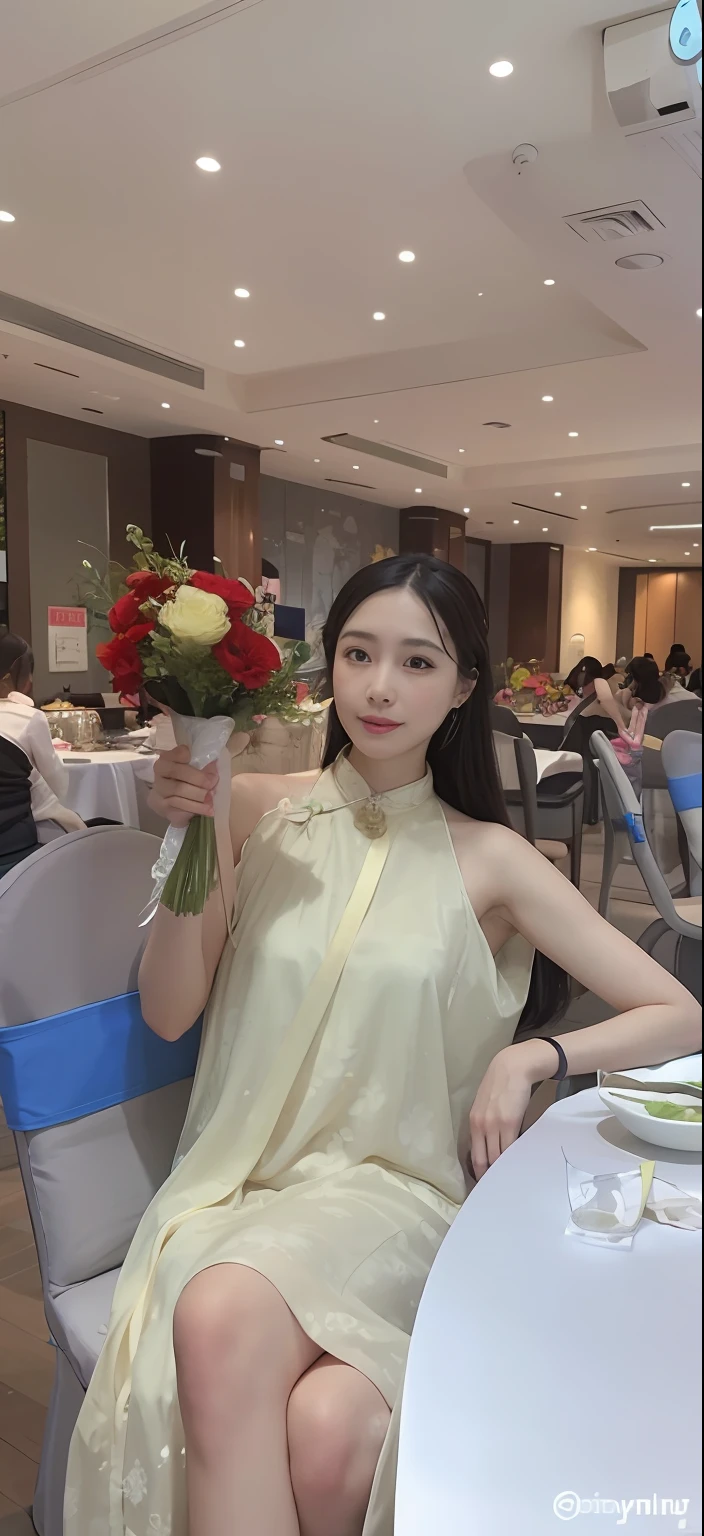 The woman sits at the table，holds a bouquet of flowers, shaxi, xintong chen, Cheongsam, wenfei ye, With flowers, very very low quality, Zhang Wanting, Middle metaverse, wenjun lin, Chinese girl, Lady, 🤬 🤮 💕 🎀, jinyiwei, 1 8 I, gongbi
