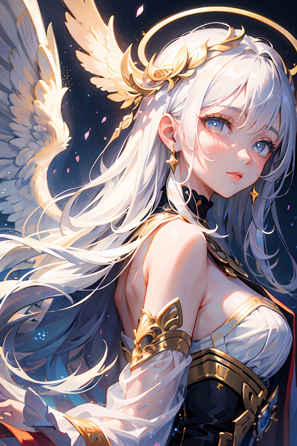 ****, illustration,heaven background, 1girl, white hair, golden eyes, long hair, halo, angel wings, serene expression, looking at viewer