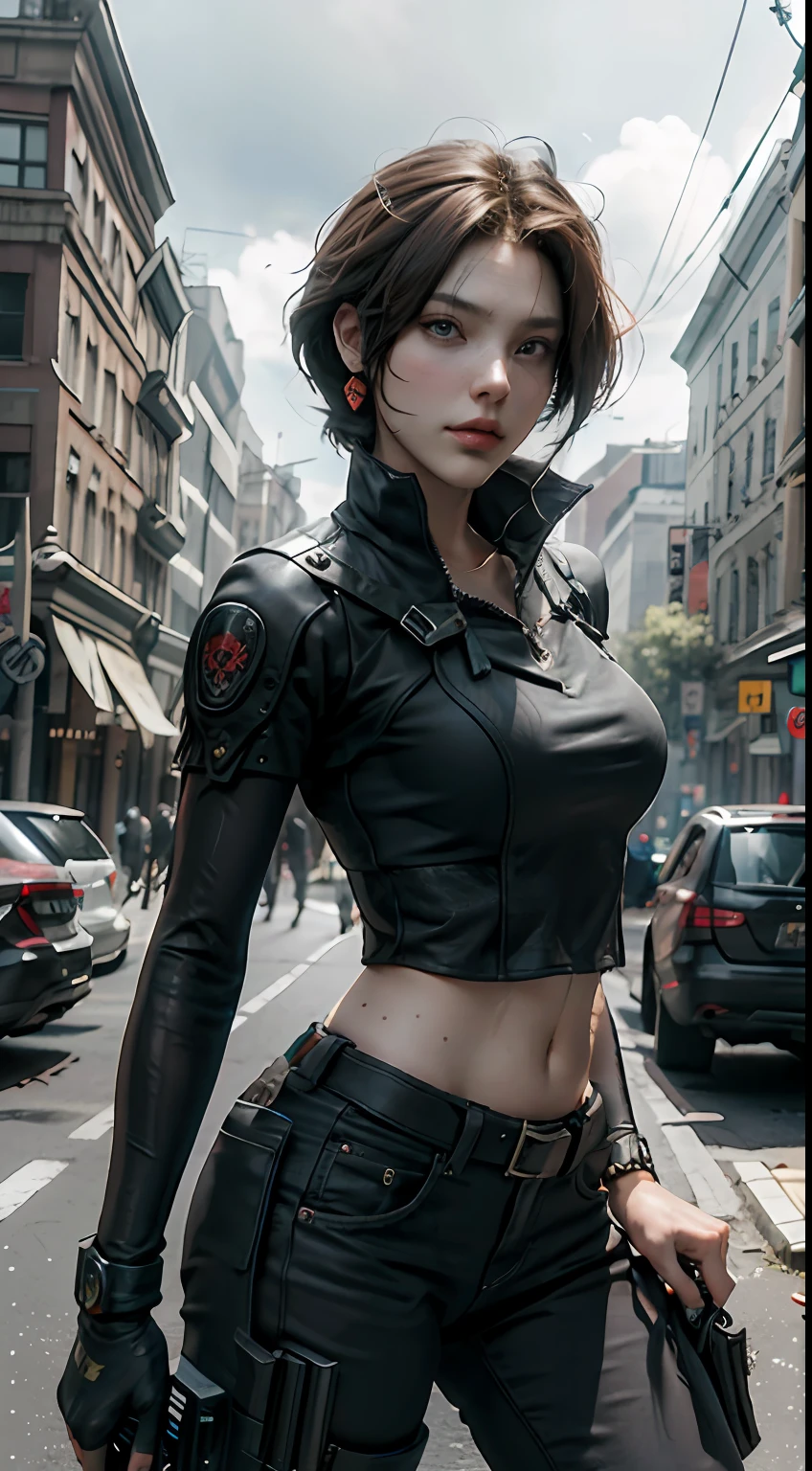 tmasterpiece,best qualtiy,Resident Evil policewoman Claire background Doom Street dull breasts big。