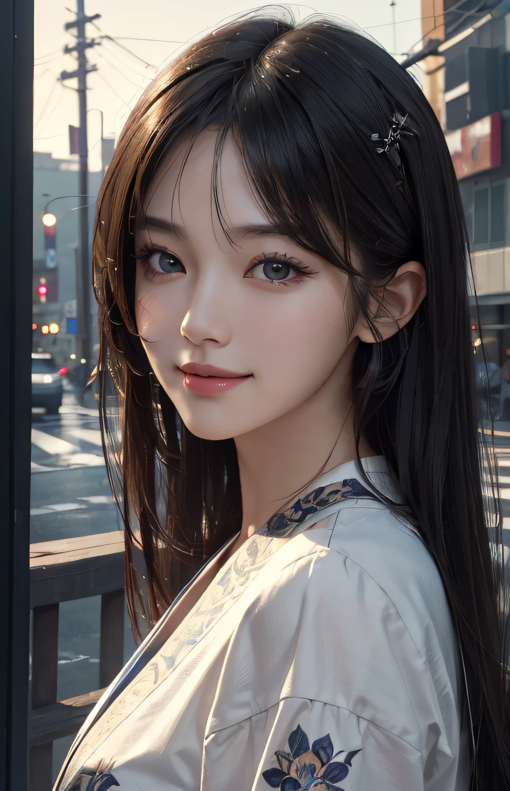 Masterpiece, 1 Beautiful Girl, Detailed, Swollen Eyes, Best Quality, Ultra High Resolution, (Reality: 1.4), Original Photo, 1Girl, Cinematic Lighting, Smiling, Japanese, Asian Beauty, Korean, Neat, Very Beautiful, Slightly Young Face, Beautiful Skin, Slender, Cyberpunk Background, (ultra realistic), (illustration), (high resolution), (8K), (very detailed), (best illustration), (beautifully detailed eyes), (super detailed), (wallpaper), (detailed face), viewer looking, fine details, detailed face, deep shadow, low key, pureerosfaceace_v1, smile, 46 point slanted bangs, facing straight ahead, neat clothes, black colored eyes,
