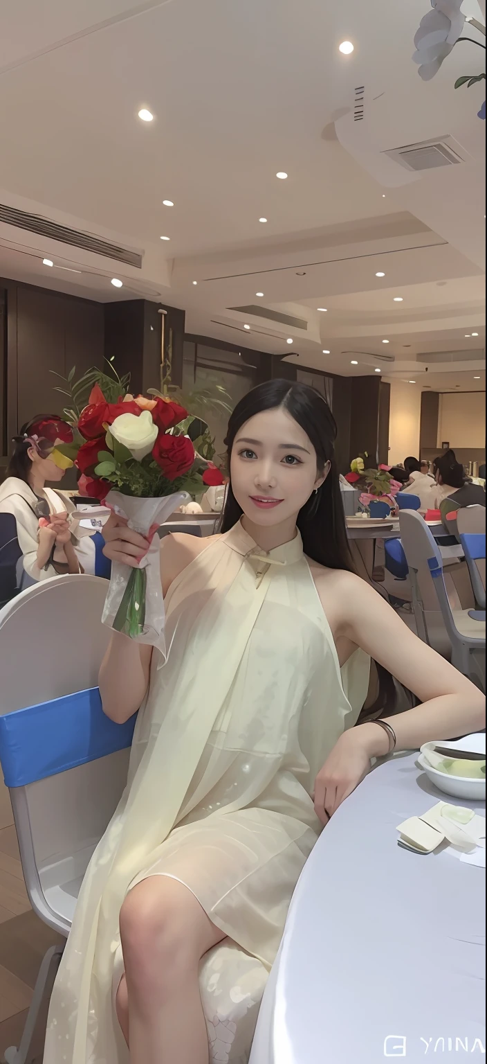 The woman sits at the table，holds a bouquet of flowers, shaxi, xintong chen, Cheongsam, wenfei ye, With flowers, very very low quality, Zhang Wanting, Middle metaverse, wenjun lin, Chinese girl, Lady, 🤬 🤮 💕 🎀, jinyiwei, 1 8 I, gongbi