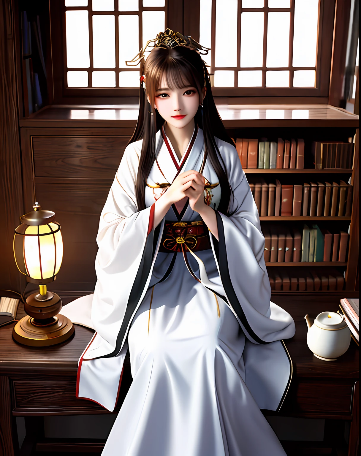 Best quality, Masterpiece, A high resolution, 1girll,Beautiful face,Chinese clothes,White Taoist robes,Being in the room,holding book,bookcase,oil lamp,Warm light