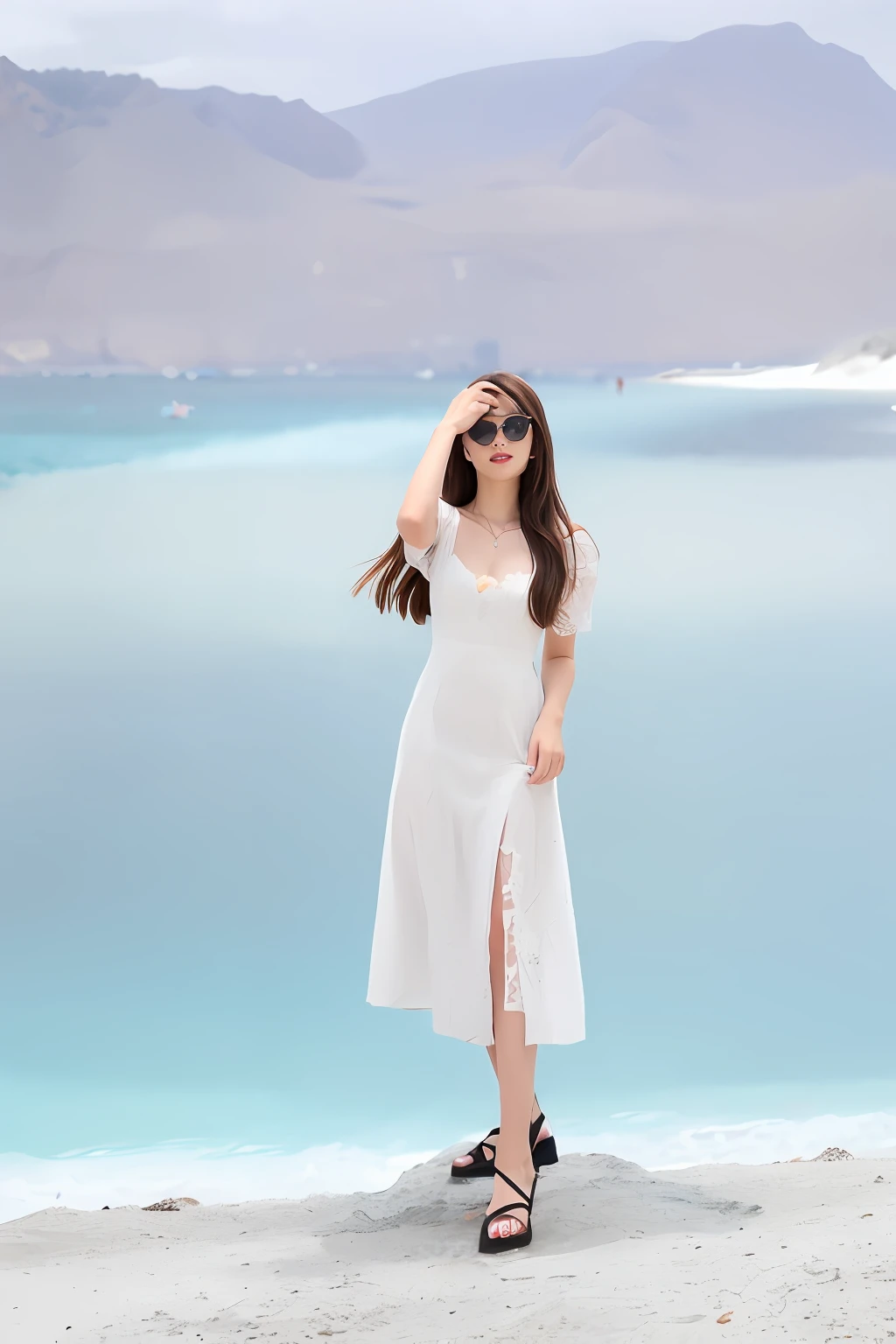 there is a woman that is standing on the beach with a cell phone, Wearing a white flowing dress, wears a white dress, bae suzy, Long white dress, full body white dress, in a long white dress, Wearing a white dress, full body cute young lady, with sunglass, wearing a white folkdrakt dress, wearing a cute white dress, White dress