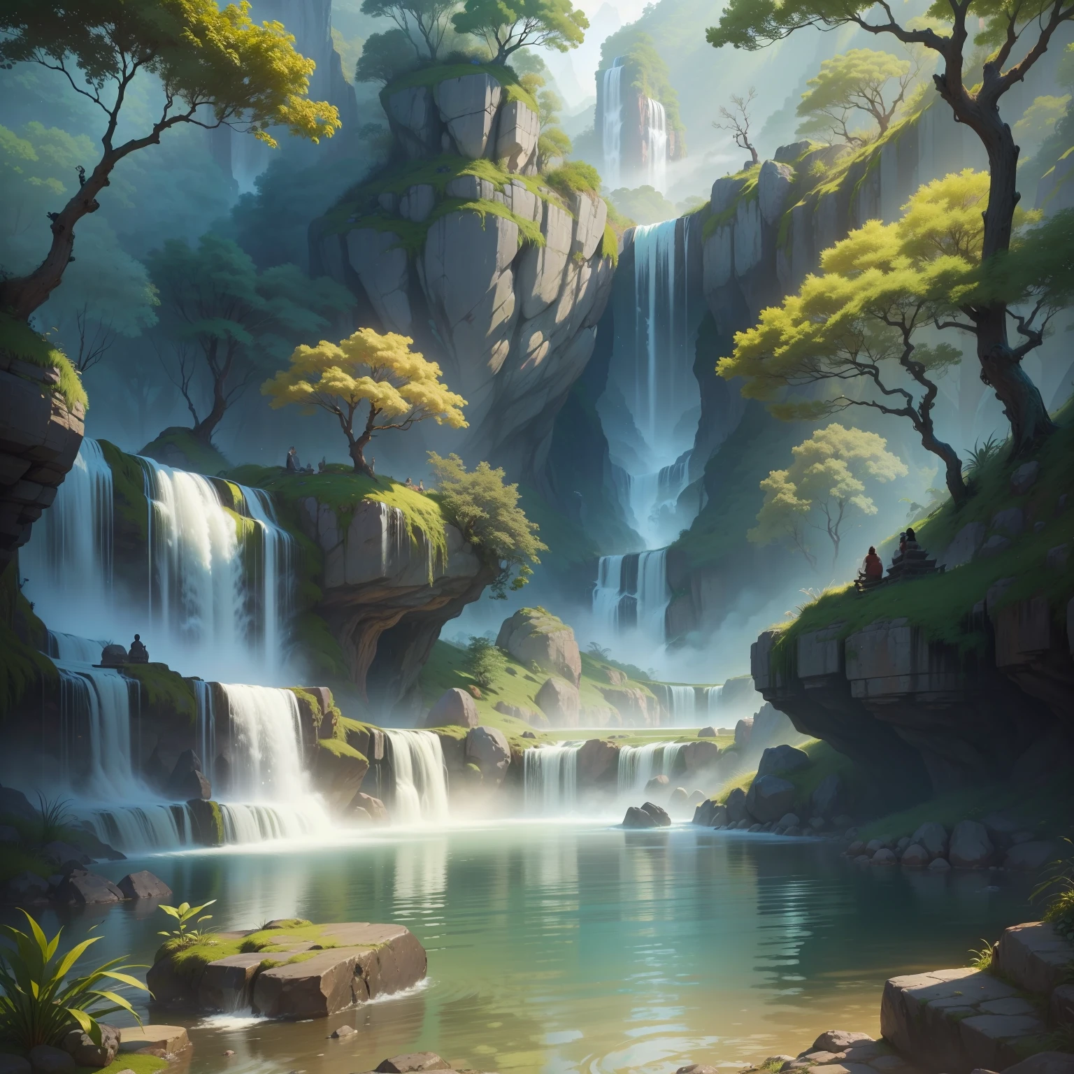 Chinese Ancient Times, springtime, jungles, lake, caves, falls, The tree, grass field, boulders, a tiger, hot onsen, water vapour, (illustratio: 1.0), Magnificent composition, , masterpiece, top-quality, (extremely detailed CG unified 8k wallpaper)