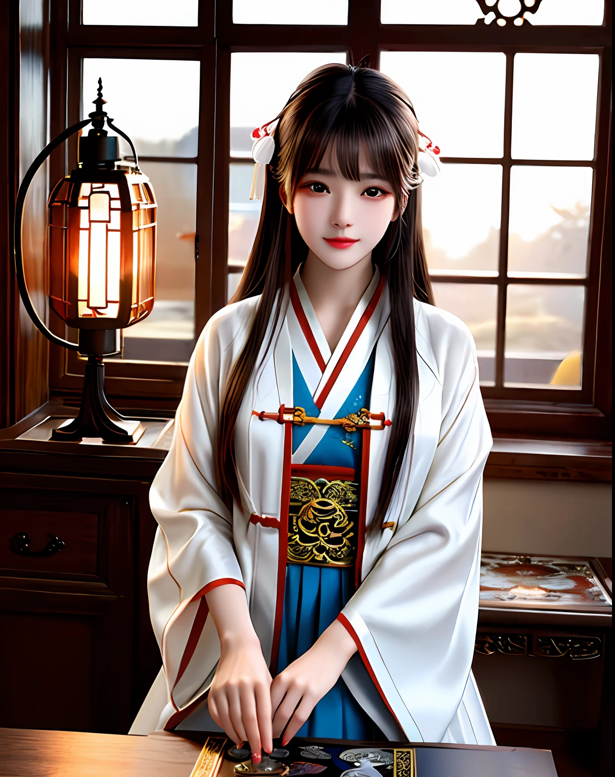 Best quality, Masterpiece, A high resolution, 1girll,Beautiful face,Chinese clothes,White Taoist robes,Being in the room,holding book,bookcase,oil lamp,Warm light