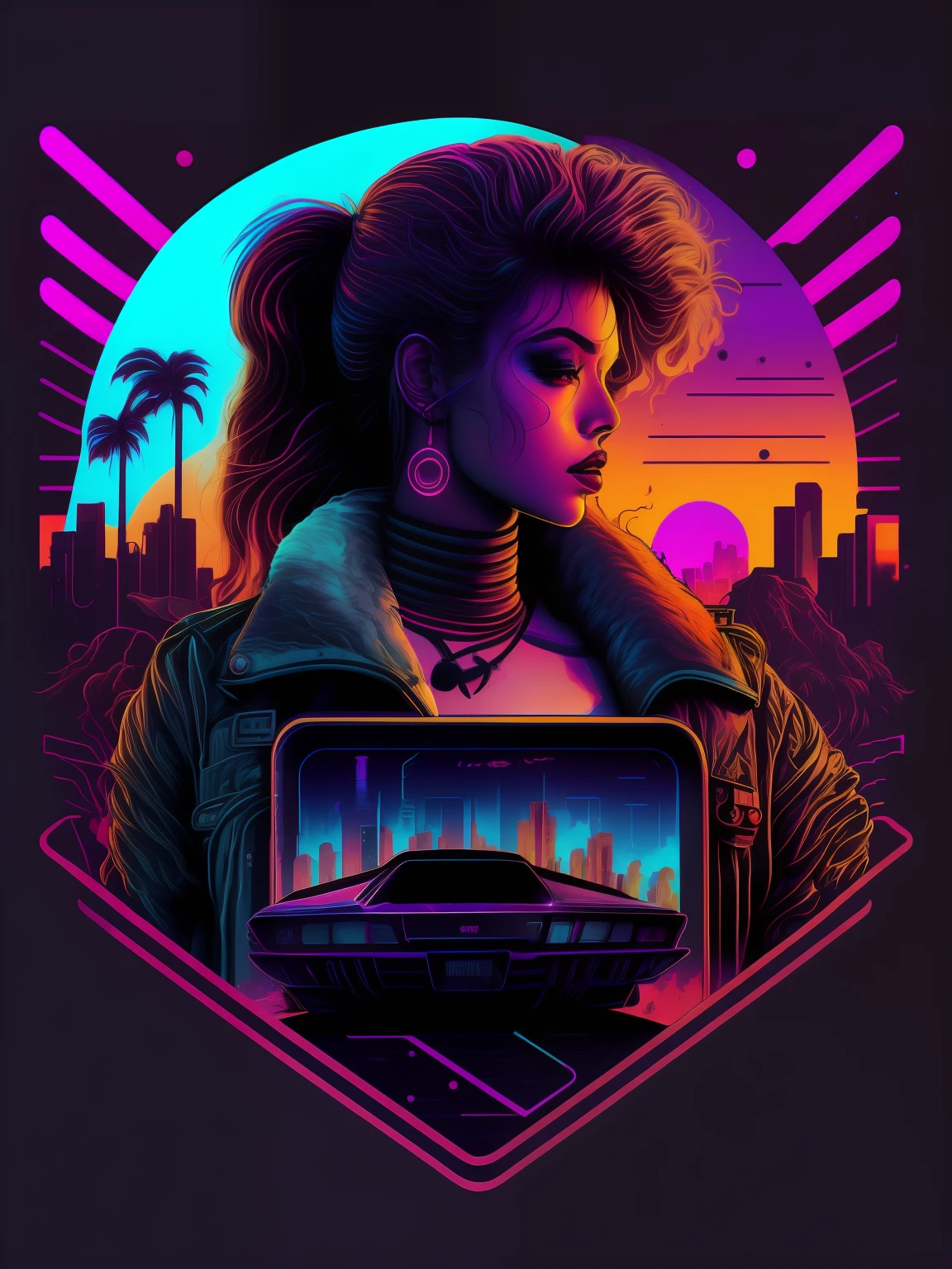 Hot Girl, car, vectorized, synthwave, purple blue red orange, bright neon colors on a dark background,
