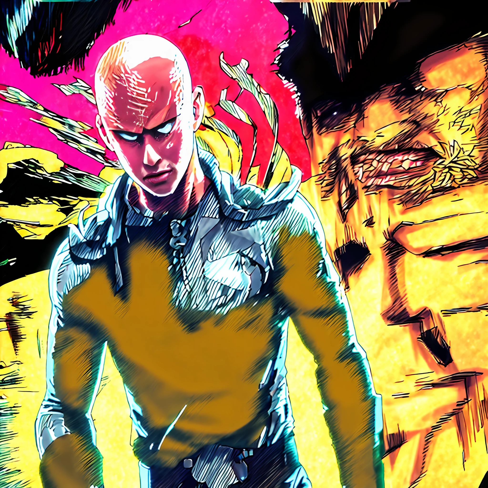 Anime image of a man dressed in yellow and black with pink flowers, one punch man manga, One Punch Man, chef saitama one punch man, Saitama, portrait of saitama, handsome saitama, anime key visual like saitama, digitally colored, handsome saitama. Intricate, hylics artwork, anatomical drawing of saitama, epic graphic novel wallpaper