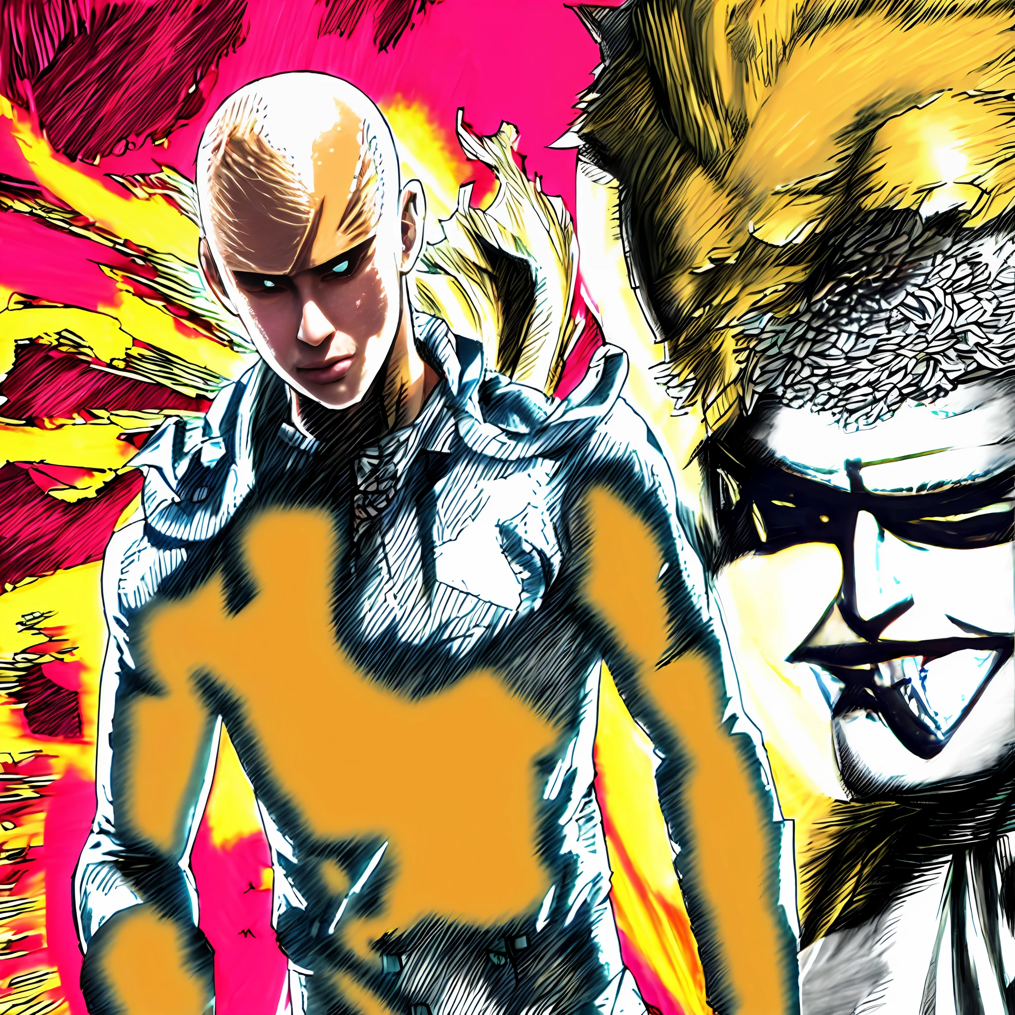 Anime image of a man dressed in yellow and black with pink flowers, one punch man manga, One Punch Man, chef saitama one punch man, Saitama, portrait of saitama, handsome saitama, anime key visual like saitama, digitally colored, handsome saitama. Intricate, hylics artwork, anatomical drawing of saitama, epic graphic novel wallpaper