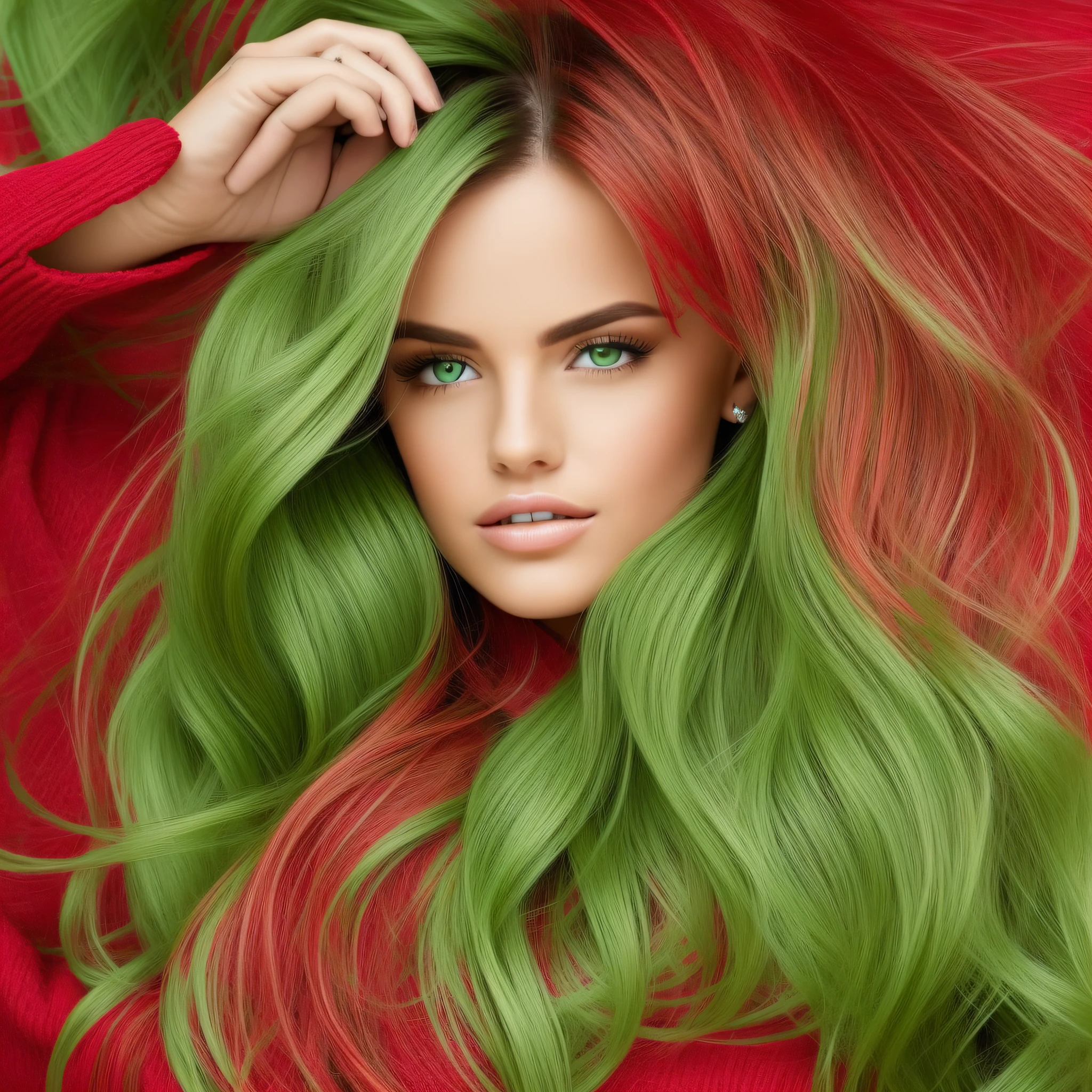 mulher linda e esbelta, com longos cabelos loiros e olhos verdes ,their intense, red clothes are strong, brilhantes e profundas no estilo carmesim elegante