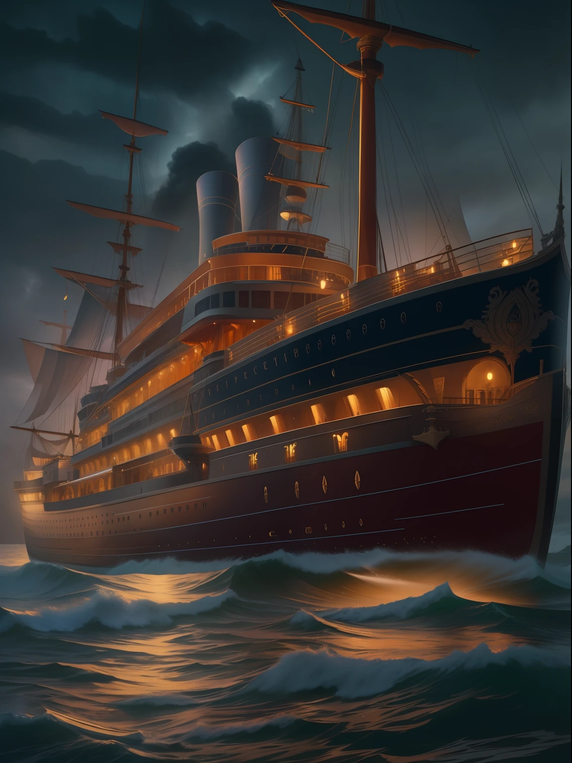 A cinematic photorealistic color digital painting of the year 1914 cruise of Majestic Emperess of Ireland Ship Night Journey, insanely detailed and intricate, crisp sharp and clear, volumetric lighting, ultra-high resolution, masterpiece hyper realistic artwork of Franz Junghuhn, insanely detailed and intricate, centered, cinematic aesthetic lighting art by Greg Rutkowski trending on Artstation.