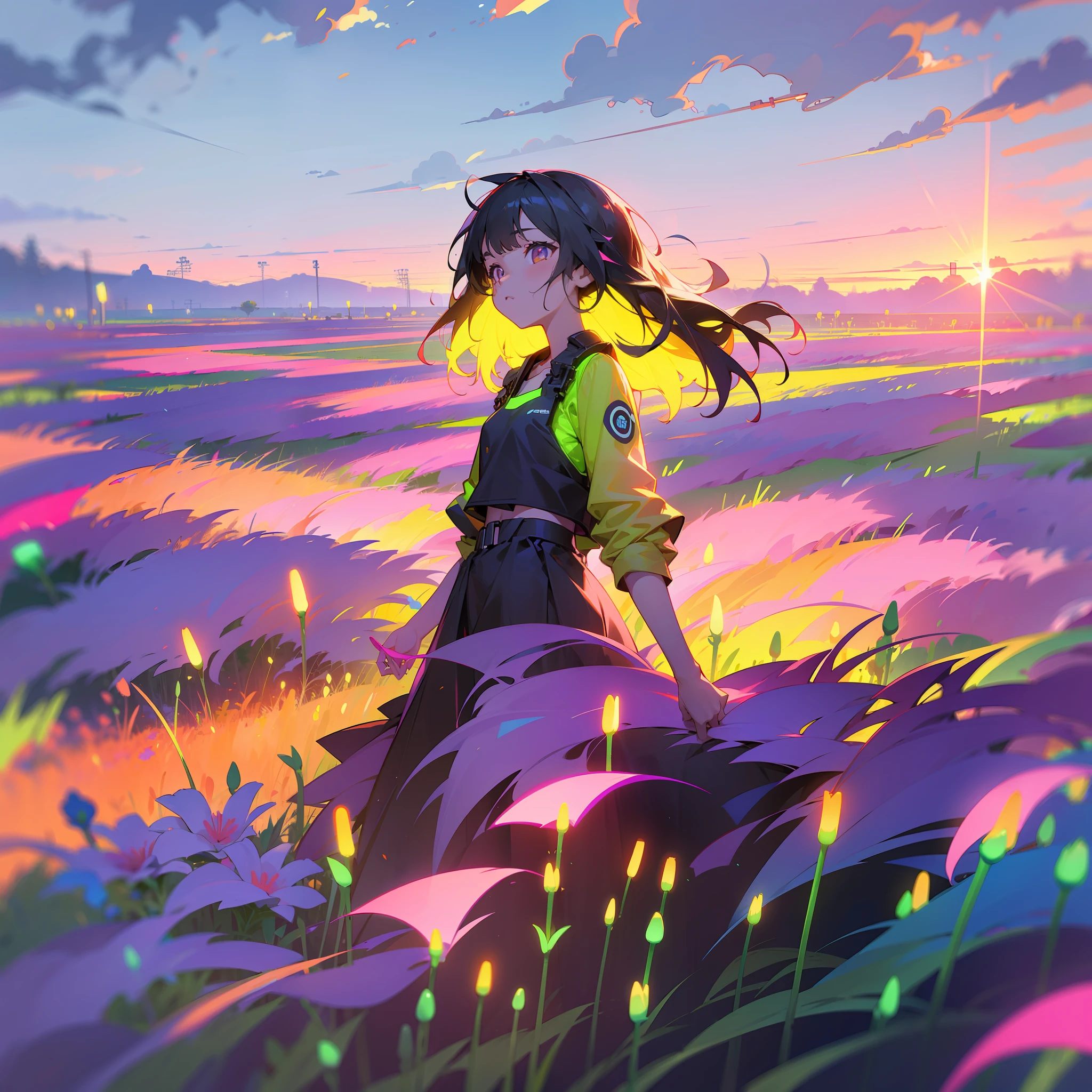 girl in field, (((field of neon flowers))), mid shot, portrait, clouds, sunrise