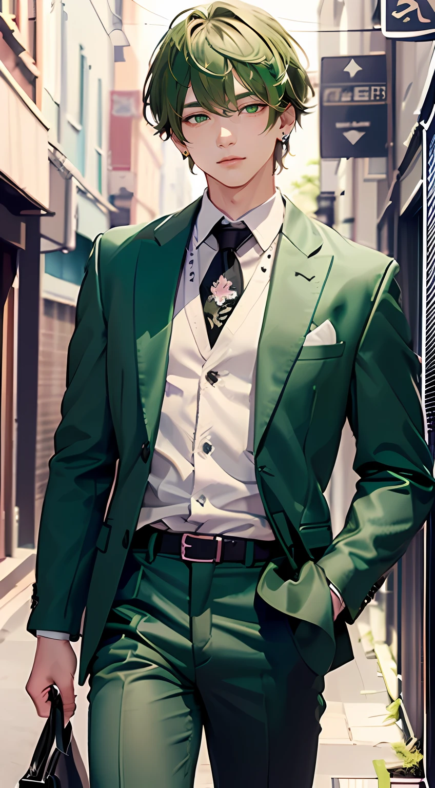 (top-quality:1.4、8K Super Detail CG Wallpapers)、(cute young man、Green eyes and short green hair:1.2)、white  shirt、Black suit、with floral pattern、over the shoulder view、piercings、Dark back alley in background