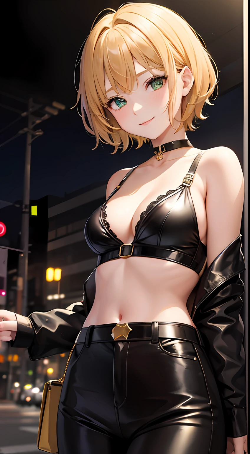 Golden hair，short detailed hair，bit girl，10years old，Overlooking，年轻，short，Close-up，cleavage，Off-the-shoulder attire，sportrait，Green eyes，Tokyo at night，street corner，Black bra，Black leather pants，ssmile