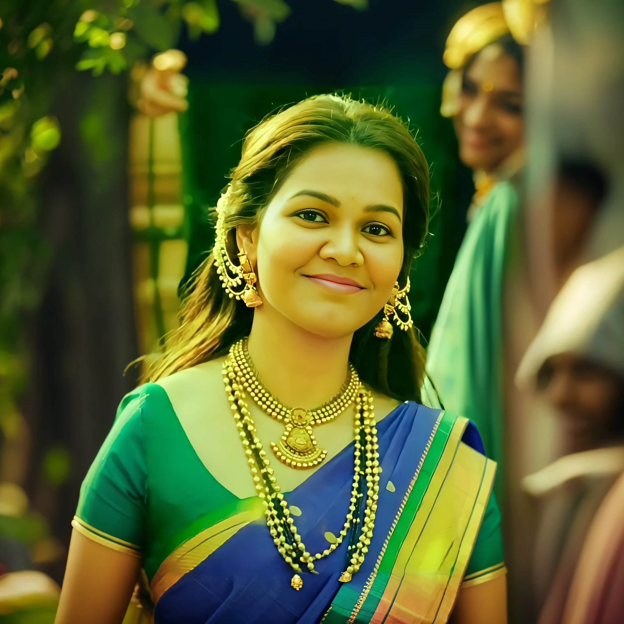 a woman in a blue sari and gold jewelry smiling, traditional beauty, lovely smile, with lovely look, beautiful and smiling, charming smile, very beautiful enga style, beautiful cute, cute beautiful, very very beautiful, beatiful smiling face, with a beautifull smile, beutiful, indian, candid picture, cute smile, colourful, she is smiling, very beautiful