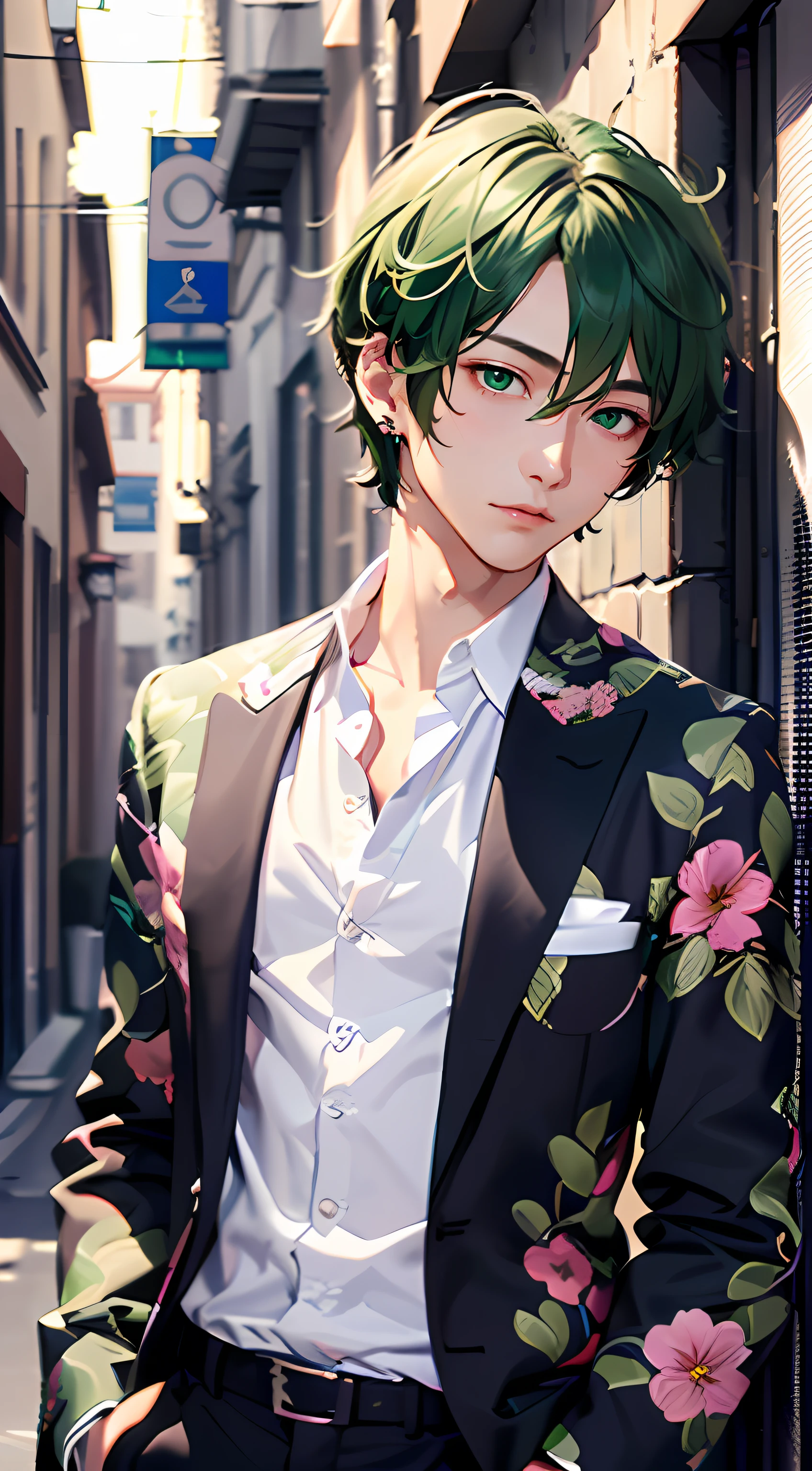 (top-quality:1.4、8K Super Detail CG Wallpapers)、(cute young man、Green eyes and short green hair:1.2)、white shirt、Black suit、with floral pattern、over the shoulder view、piercings、Dark back alley in background