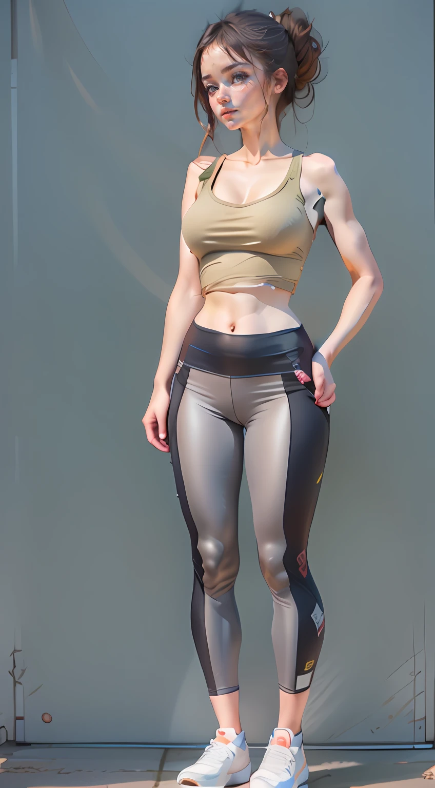 ((Best picture quality, 8K, tmasterpiece:1.3)), 1girll, Beautiful woman with slender abs:1.3, (Casual hairstyle, No leakage of big breasts:1.2), shift dresses:1.1, Ultra-fine face, A detailed eye, 二重まぶた,ssmile,Wear yoga pants and a loose tank top,Hair tied behind the waist,Wearing a cap,Full chest,The hips are round。