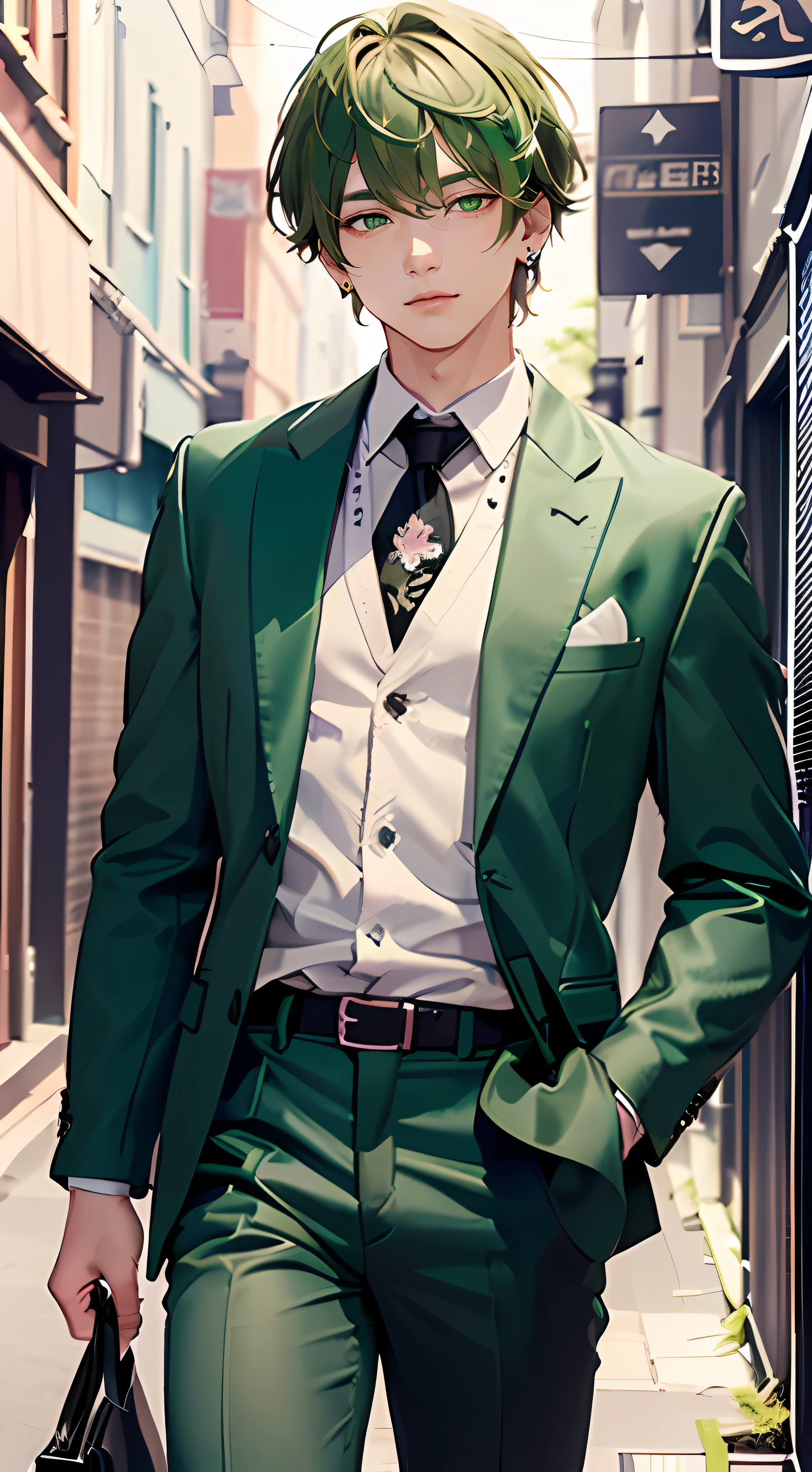 (top-quality:1.4、8K Super Detail CG Wallpapers)、(cute young man、Green eyes and short green hair:1.2)、white shirt、Black suit、with floral pattern、over the shoulder view、piercings、Dark back alley in background