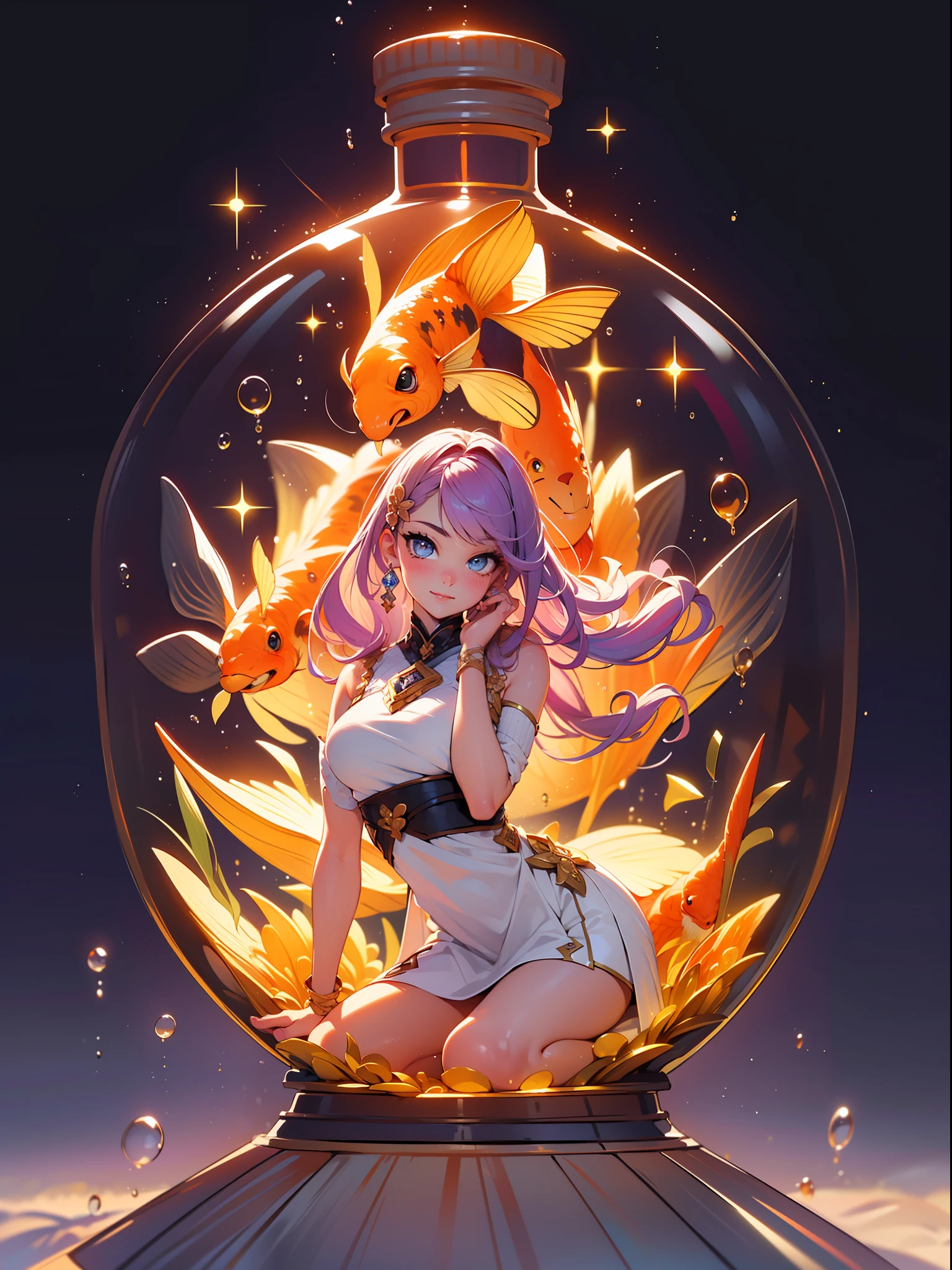 perfect eyes:1.2, detailed eyes:1.4, smile, air bubble, (masterpiece:1.6, best quality), phgls, /bottle, in container, (finely detailed beautiful eyes: 1.2), 1girl, solo, big breasts, purple hair, pink hair, two-tone hair, underwater, floating hair, (((masterpiece))),(((best quality))),(((extremely detailed))), illustration, mysterious, vivid color, shiny, full body, barefoot, long hair tranquil nature, koi, Underwater, close up, Dynamic actions, Lens perspective, sit cross-legged and lean against the bookshel, volumetric lighting, multi-color eyes, detailed eyes, hyper detailed, light smile, highly detailed, beautiful, small details, ultra detailed, best quality, intricate, 4k, 8k, trending on artstation, good anatomy, beautiful lighting, award-winning