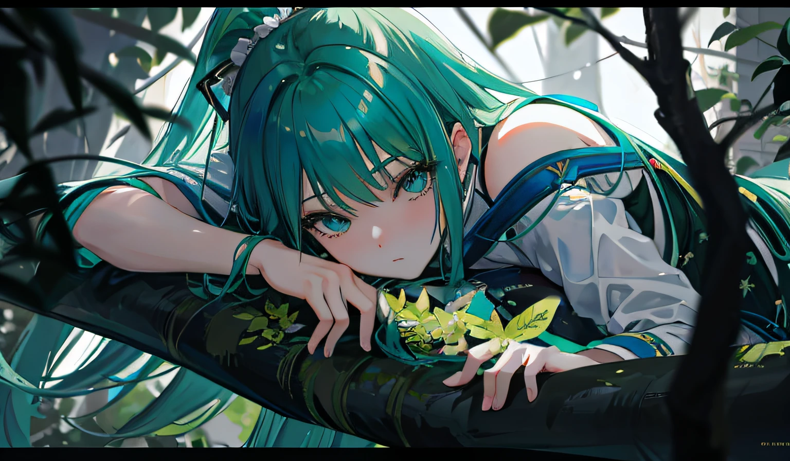 Anime girl lying on branch with green hair, Anime girl with teal hair, mikudayo, style of anime4 K, Anime art wallpaper 4 K, Anime art wallpaper 4k, Anime art wallpaper 8 K, Anime wallpaper 4K, Anime wallpaper 4 k, 4K anime wallpaper, 4k manga wallpapers, Portrait of Hatsune Miku, nightcore