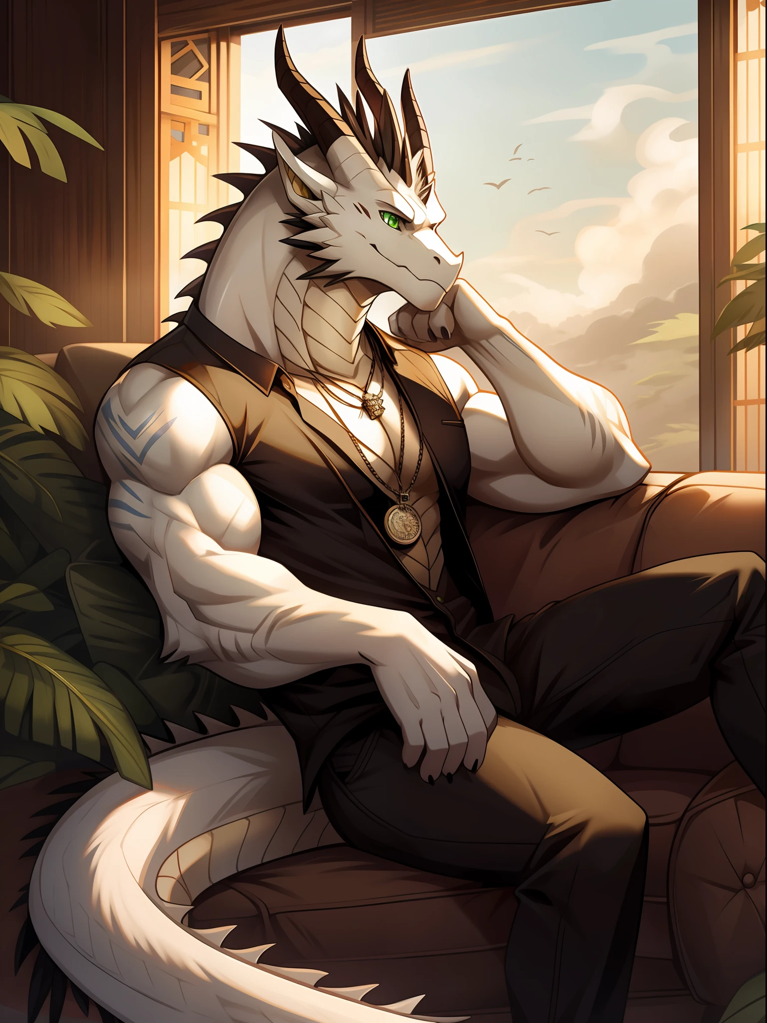 Oriental White Dragon(species),Casual attire,Deep green eyes,toned figure,Overcast personality,Holding a pocket watch,sitting in the couch,Holding a ring