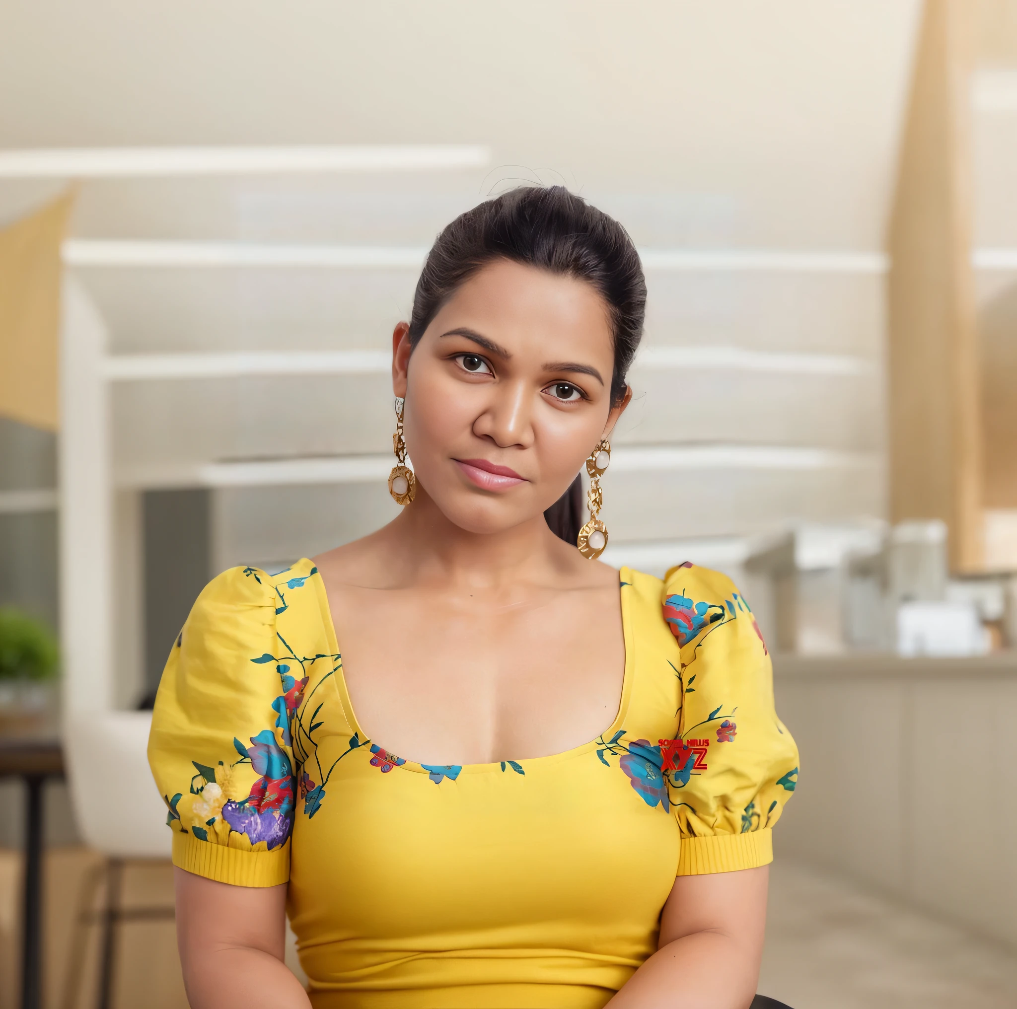 a close up of a woman in a yellow dress with a flowered top, wearing yellow floral blouse, mid shot portrait, nivanh chanthara, fanart, malika favre, close - up portrait shot, 7 0 mm portrait, #trending, 60mm portrait, mixed art, ayahausca, by Emma Andijewska, chnage background turn to cafe,