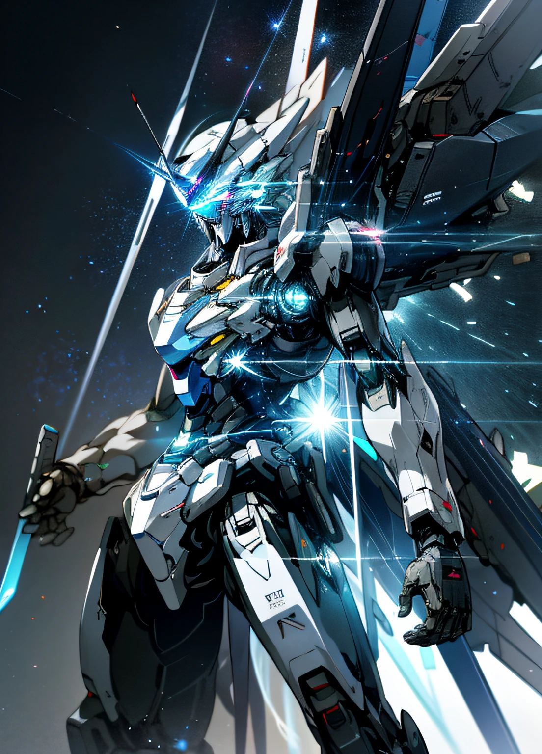 holding_weapon,no_humans,with light glowing,,droid,kosmos,glowing_eyes,mecha,scientific fiction,starrysky,Realistis,mecha,Freedom Gundam,Up,hyper realisitc,8k,hyper HD,frontage,blue colors,Laser sword,heavenly body