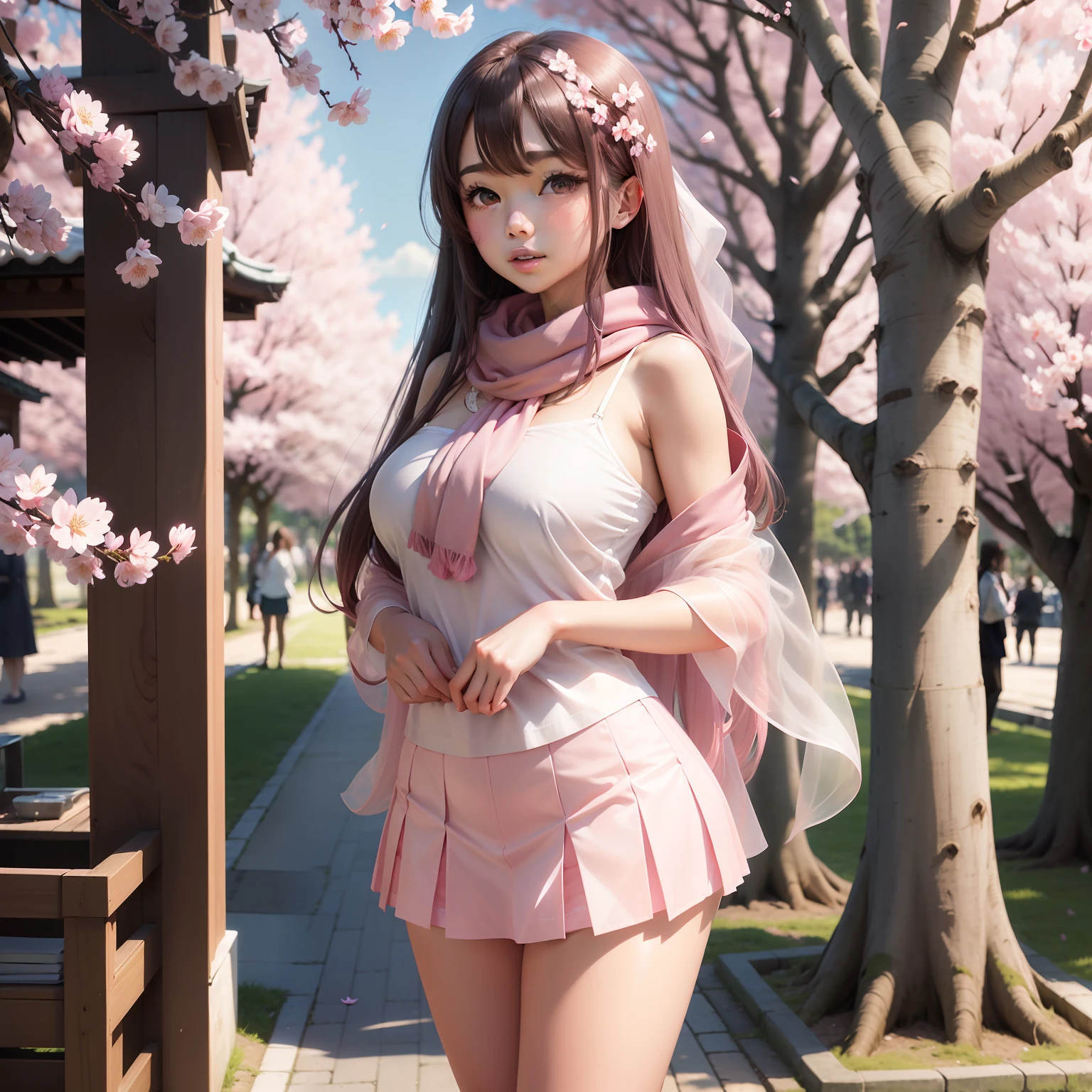 Girl, Big breasts, Pink shawl, long hair, cherry blossom background, top, a transparent white cloth, 20 cm long, 5 cm wide, covering important parts Underwear, ultra-short JK skirt, left and right hands behind the back, standing under the cherry blossom tree, cherry blossoms flying in the sky, eyes are blue